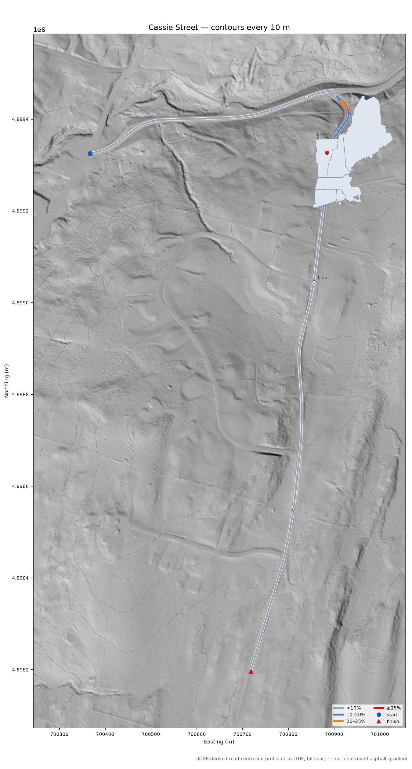 Cassie Street LiDAR hillshade map with contours