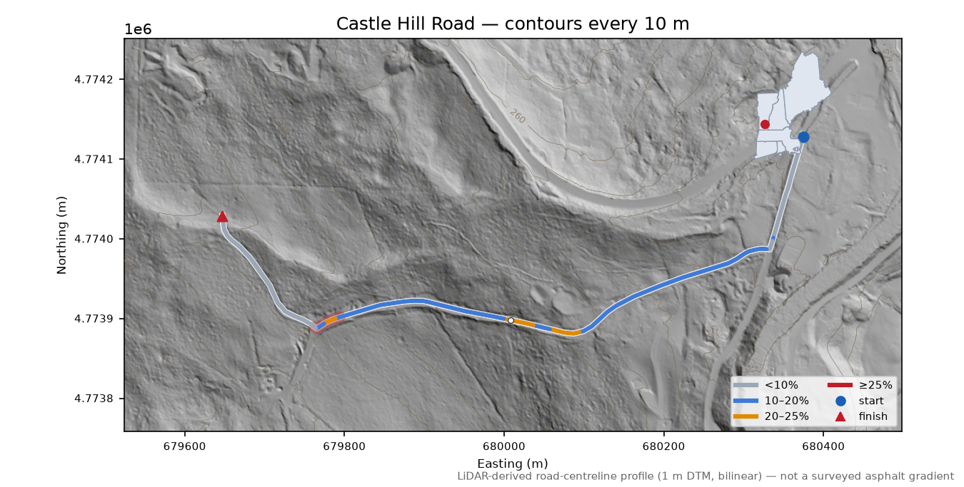 Castle Hill Road LiDAR hillshade map with contours
