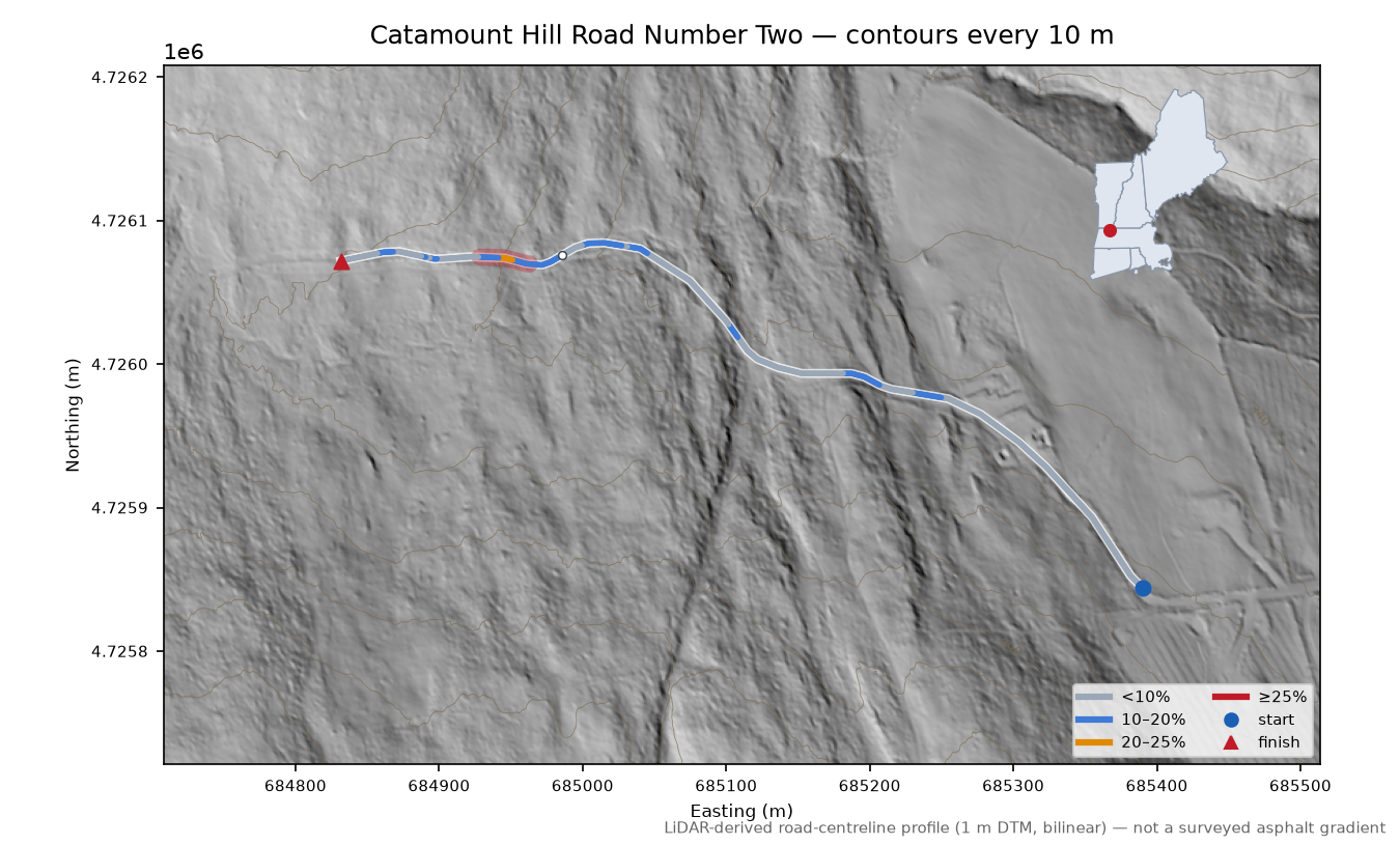Catamount Hill Road Number Two LiDAR hillshade map with contours