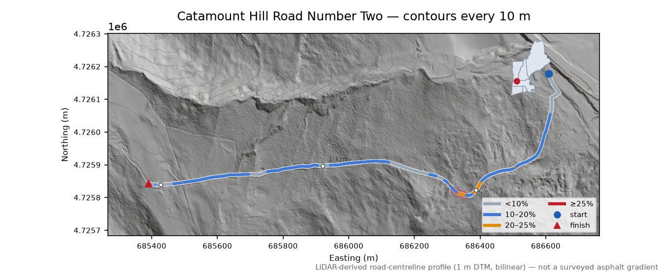 Catamount Hill Road Number Two LiDAR hillshade map with contours