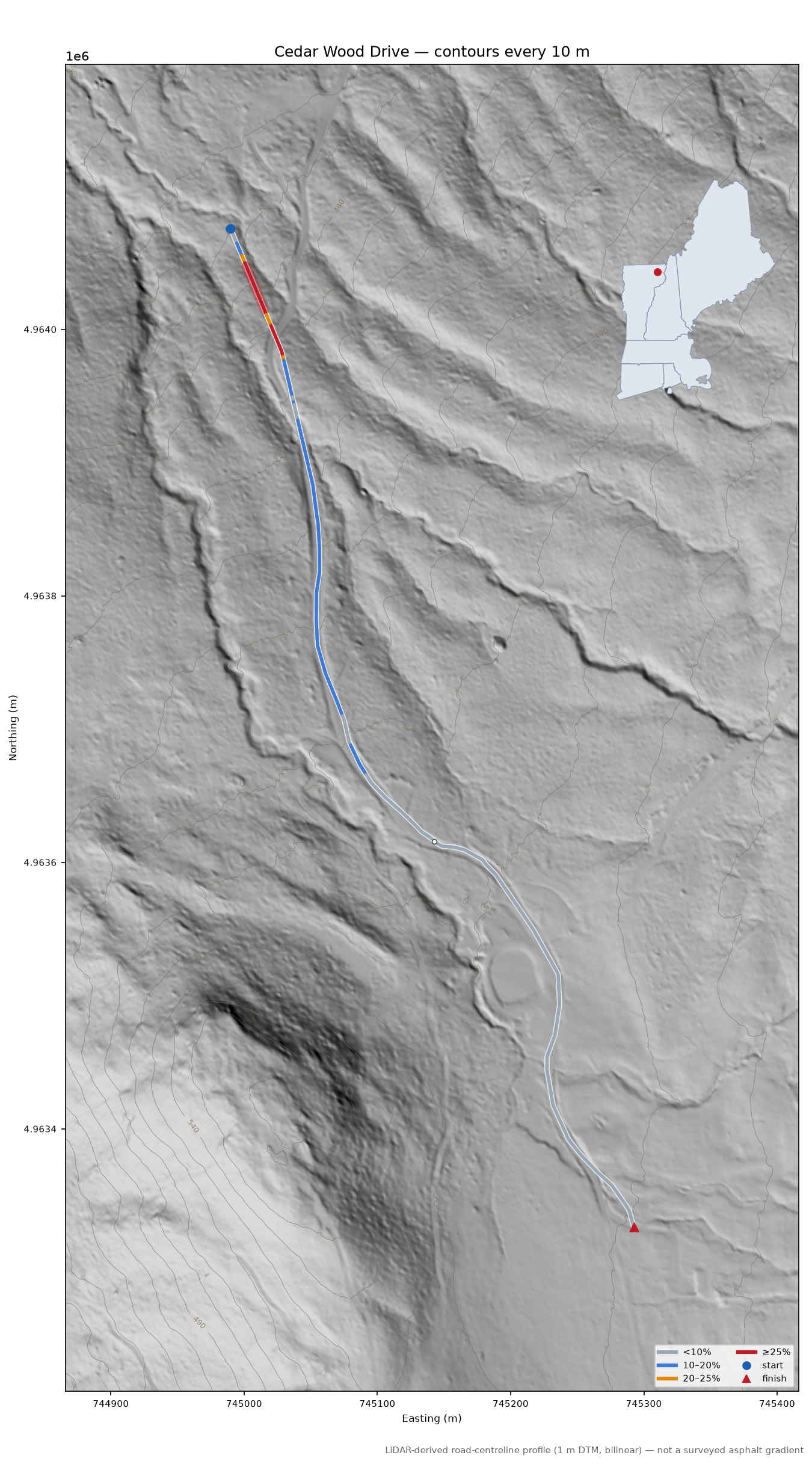 Cedar Wood Drive LiDAR hillshade map with contours