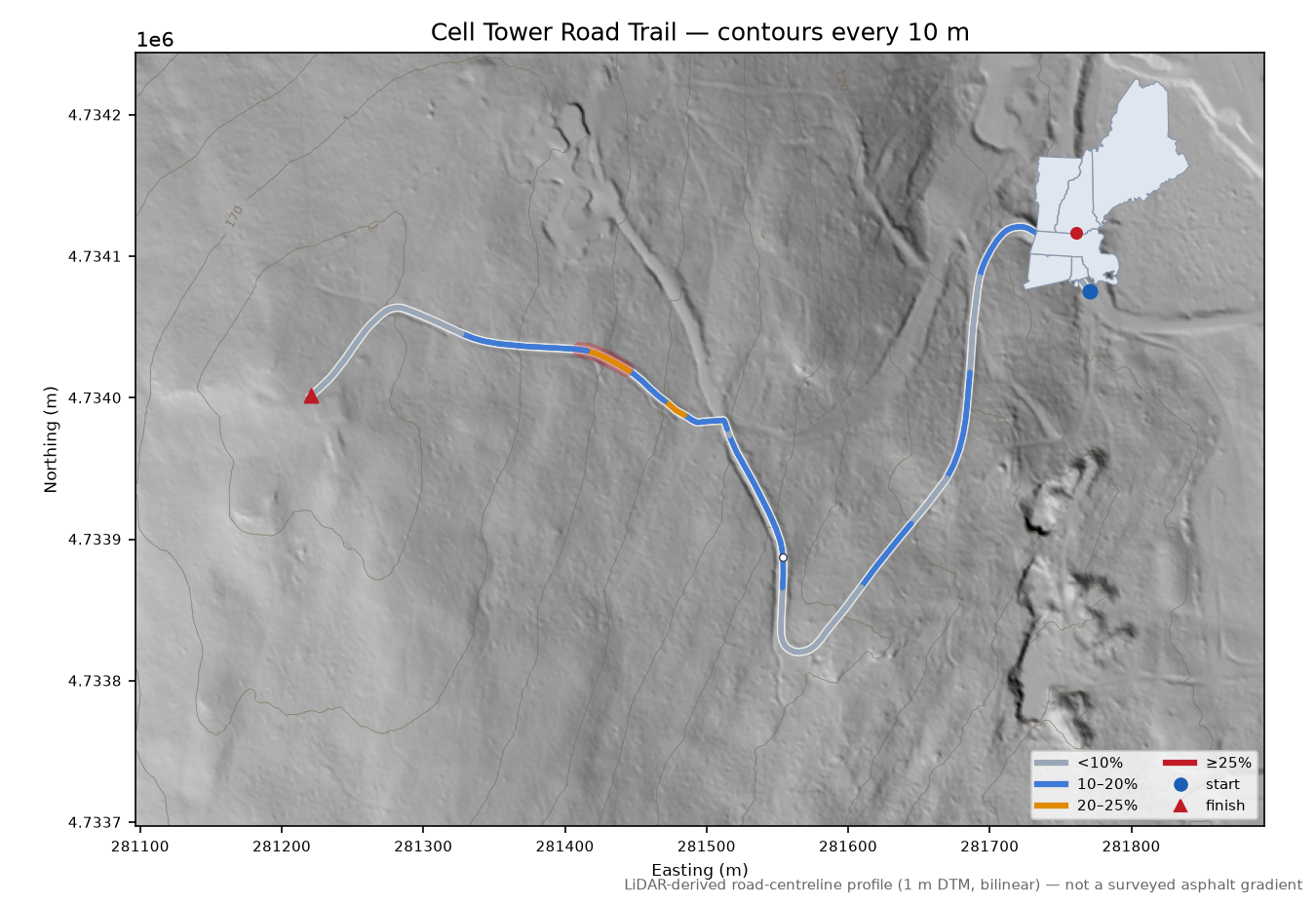 Cell Tower Road Trail LiDAR hillshade map with contours