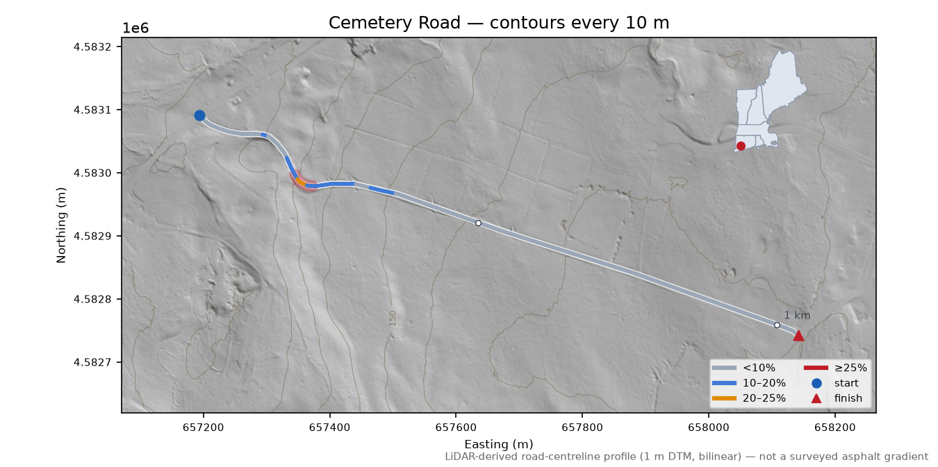Cemetery Road LiDAR hillshade map with contours