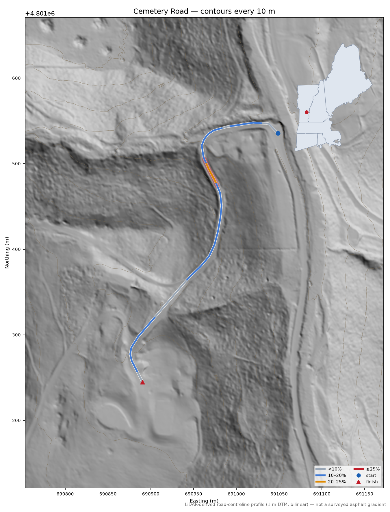 Cemetery Road LiDAR hillshade map with contours