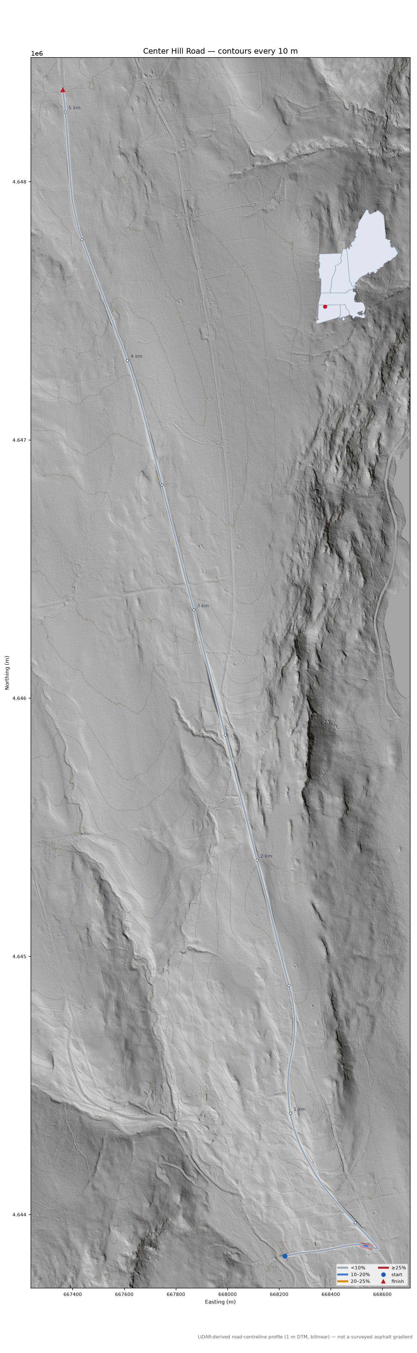 Center Hill Road LiDAR hillshade map with contours