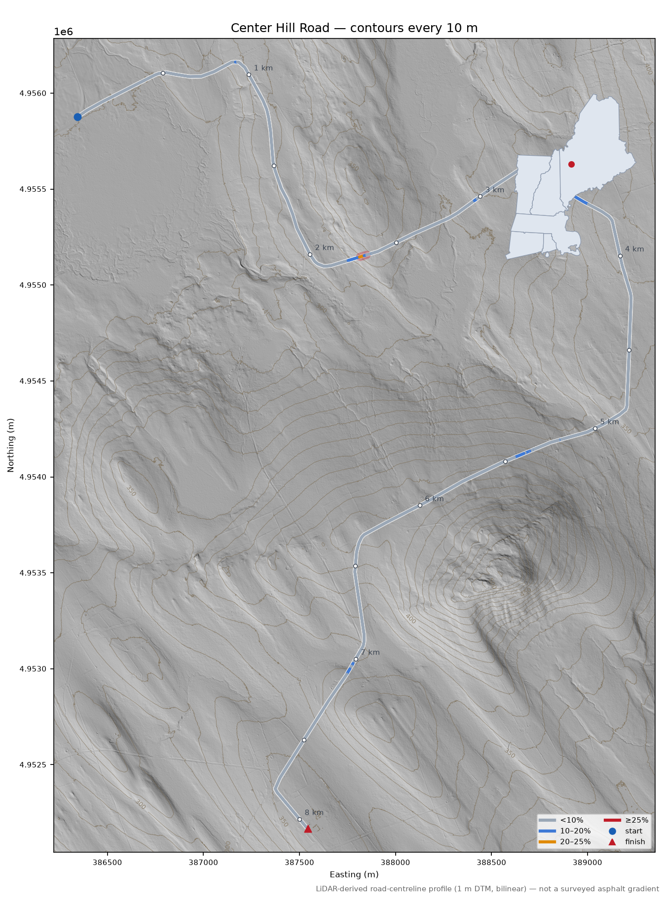 Center Hill Road LiDAR hillshade map with contours