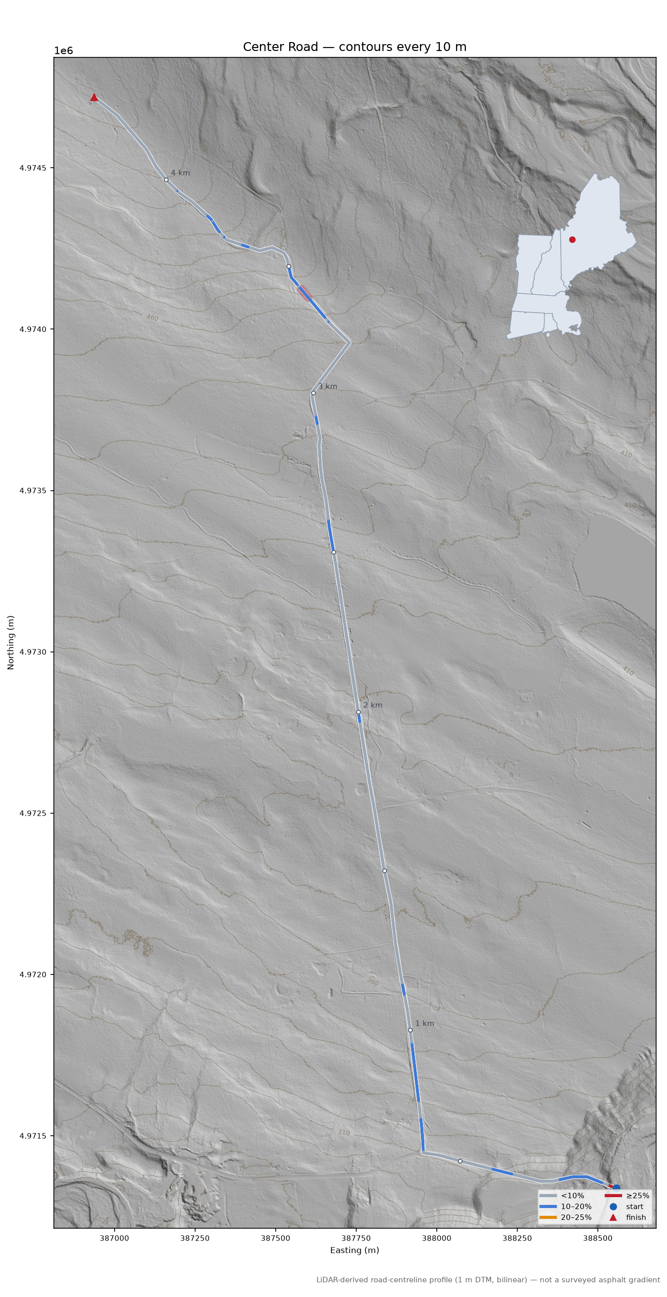 Center Road LiDAR hillshade map with contours