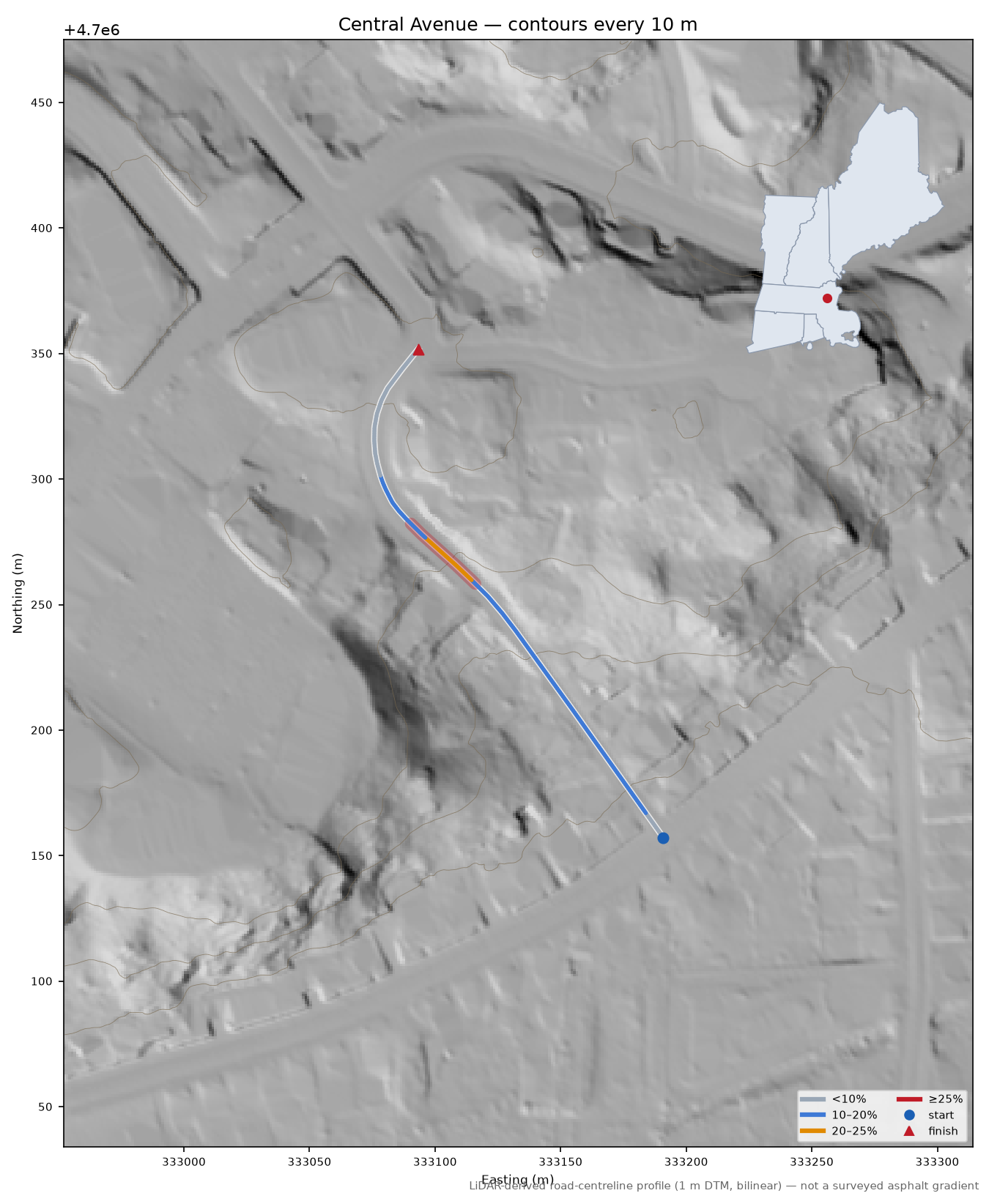 Central Avenue LiDAR hillshade map with contours