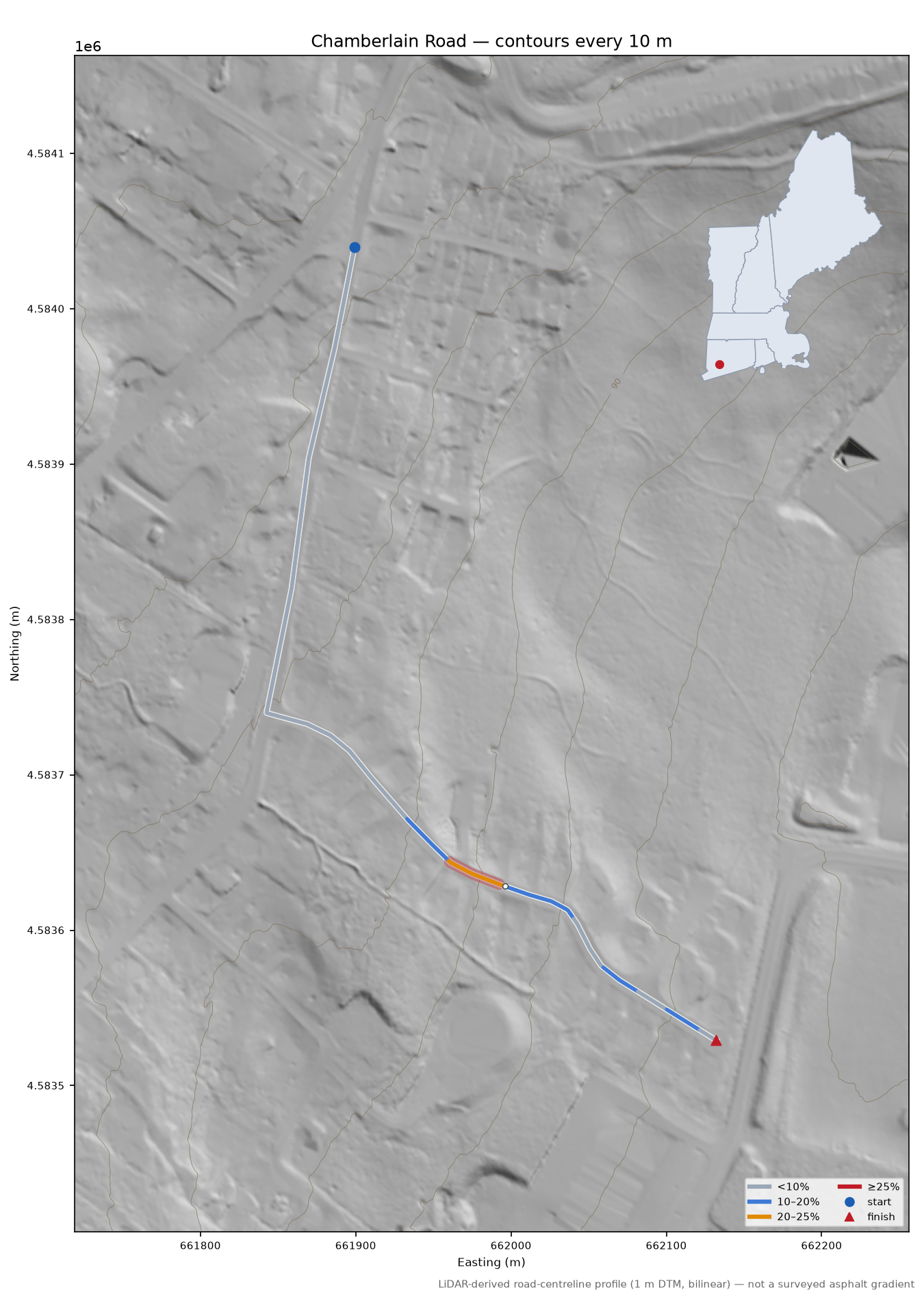 Chamberlain Road LiDAR hillshade map with contours