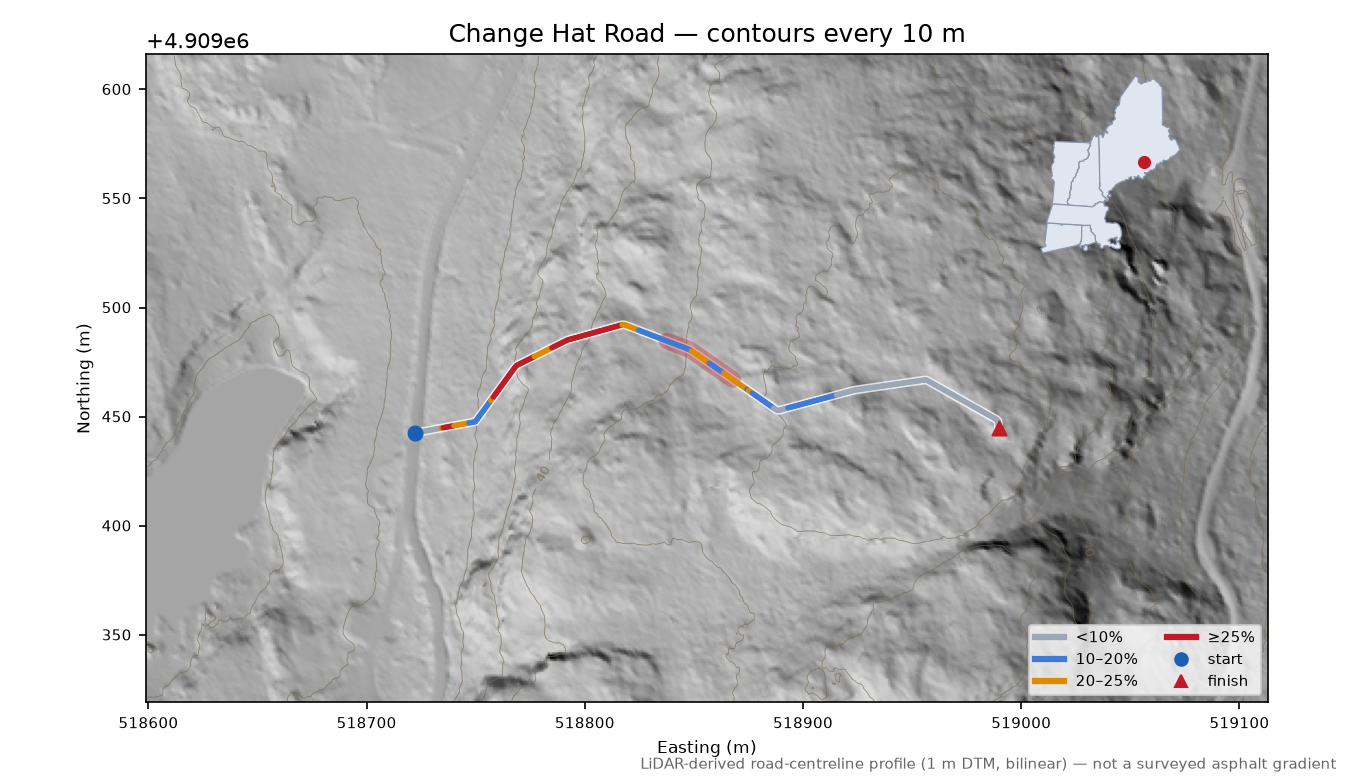 Change Hat Road LiDAR hillshade map with contours