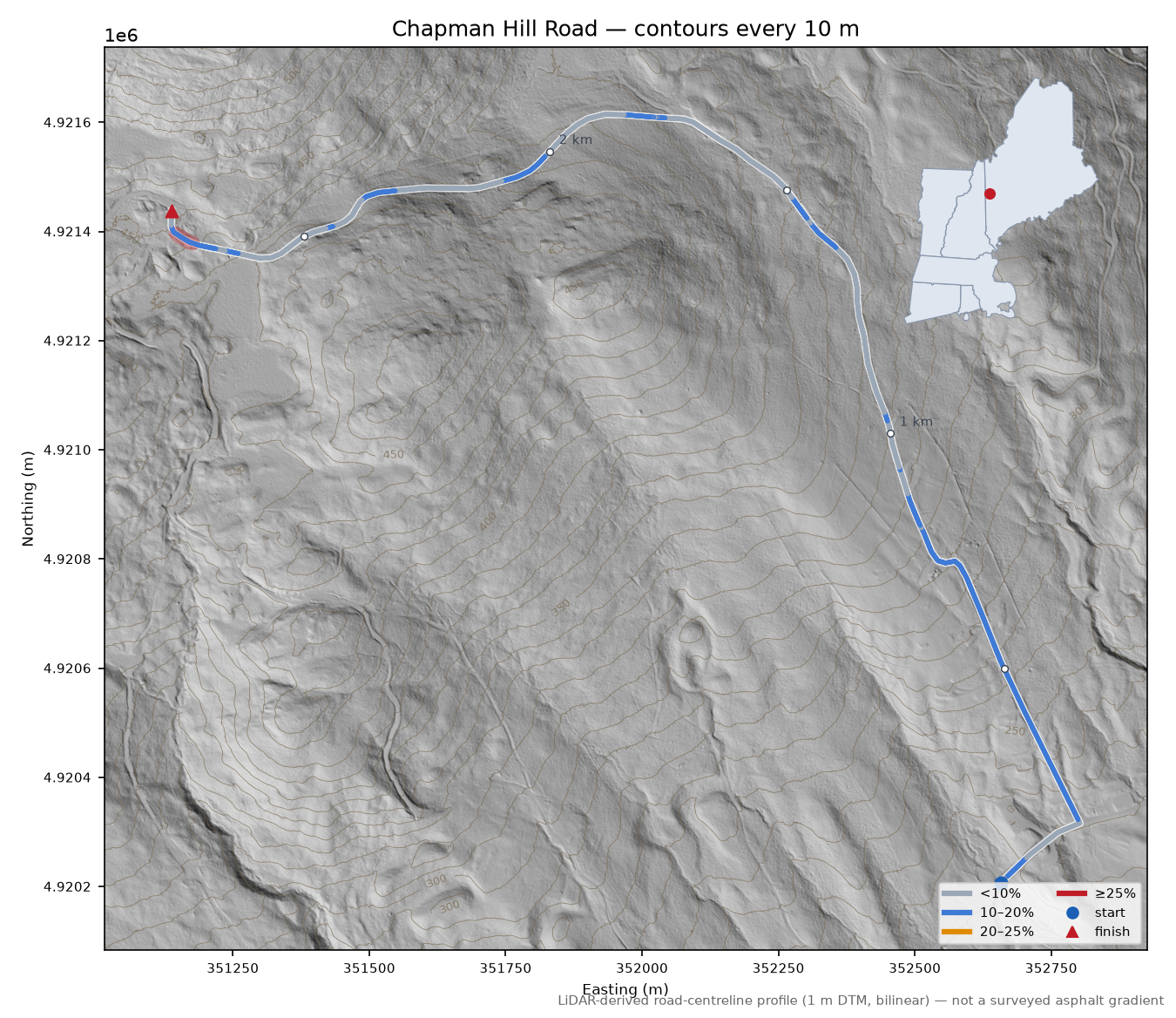 Chapman Hill Road LiDAR hillshade map with contours