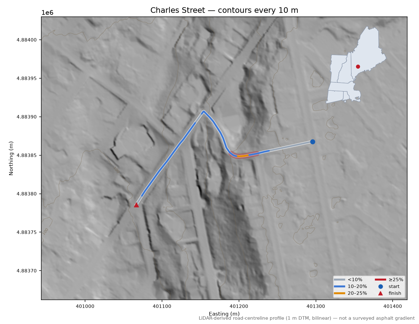 Charles Street LiDAR hillshade map with contours
