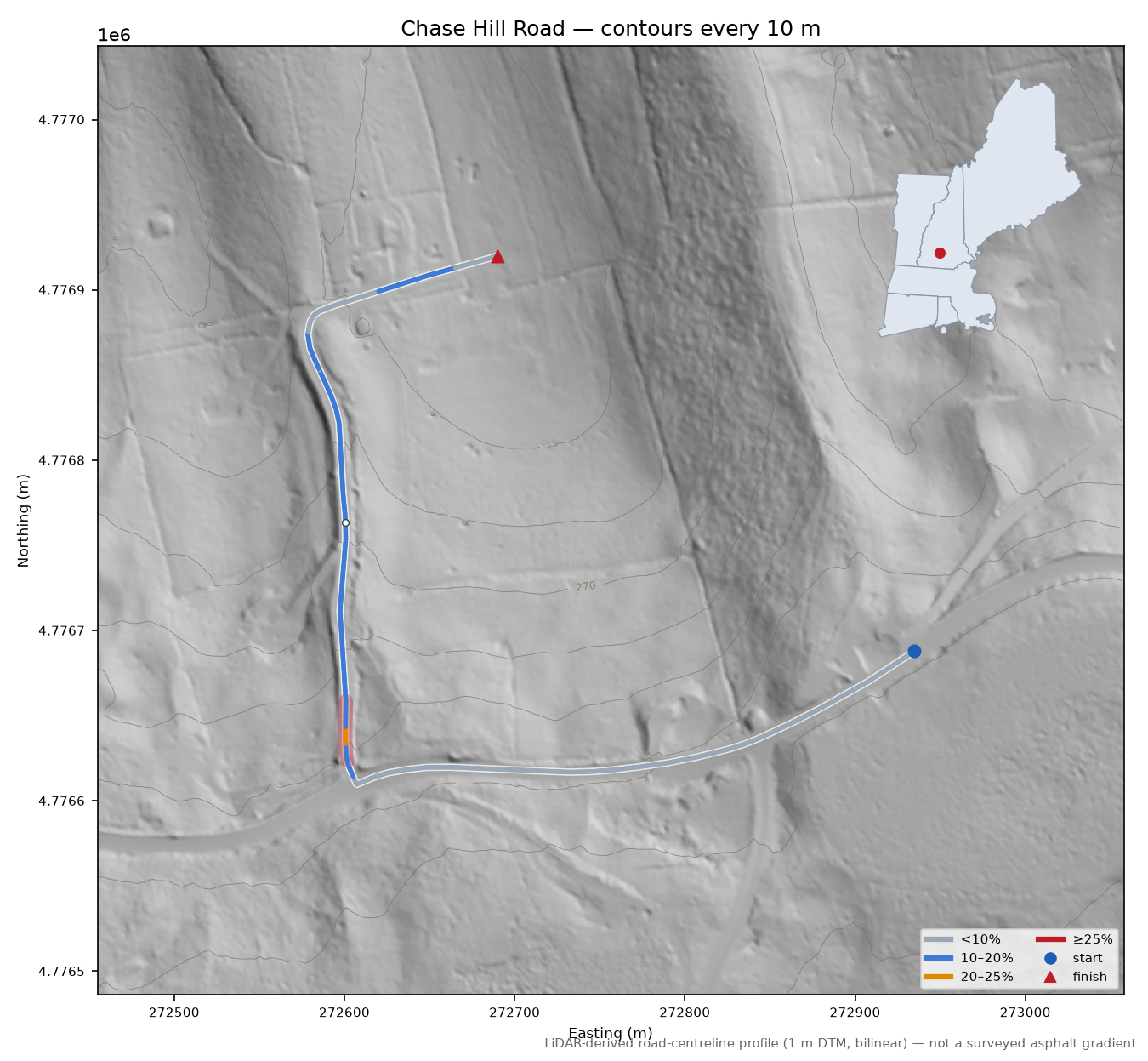 Chase Hill Road LiDAR hillshade map with contours