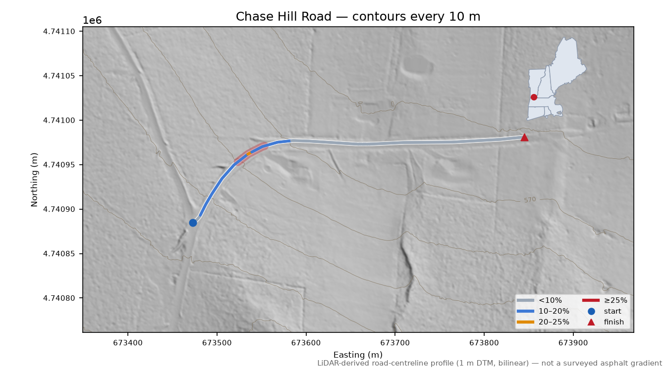 Chase Hill Road LiDAR hillshade map with contours