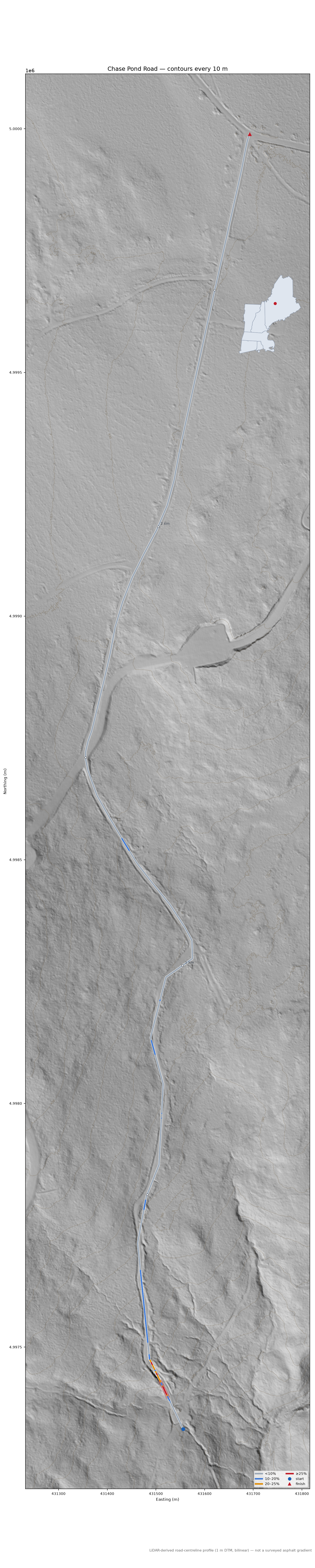 Chase Pond Road LiDAR hillshade map with contours