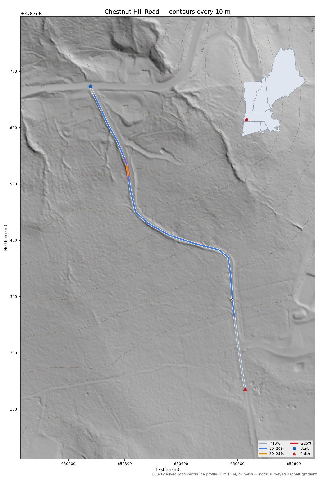 Chestnut Hill Road LiDAR hillshade map with contours