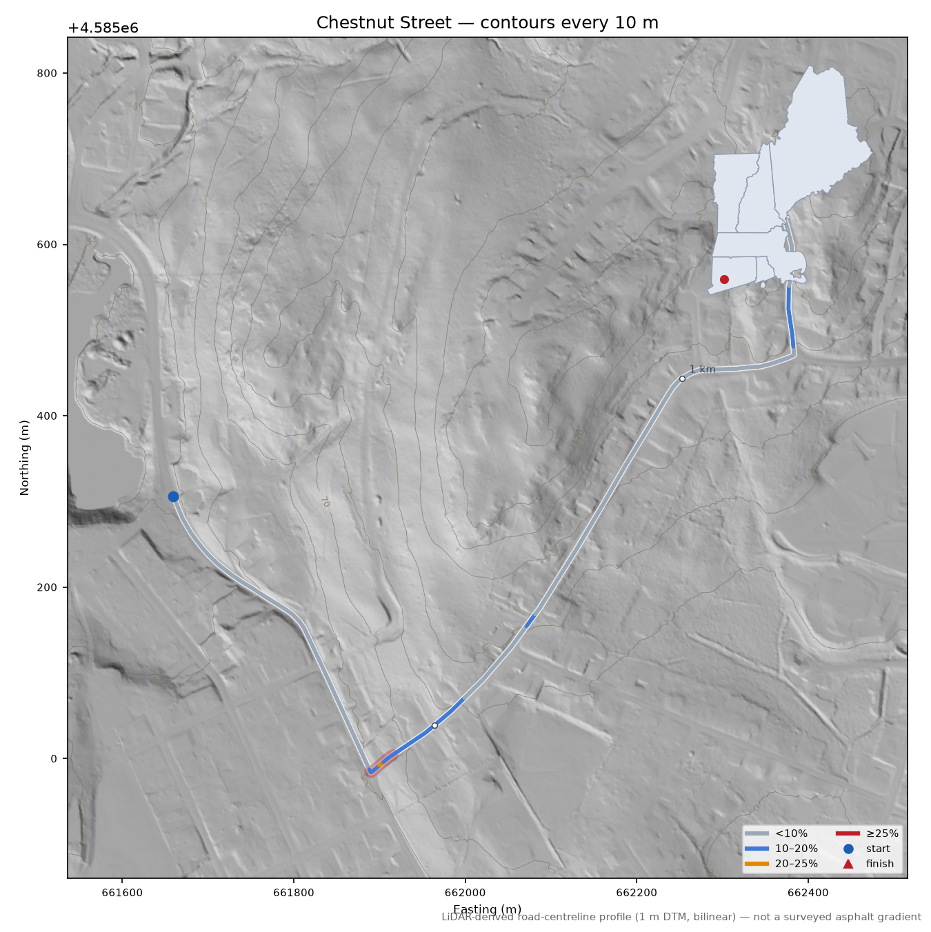 Chestnut Street LiDAR hillshade map with contours