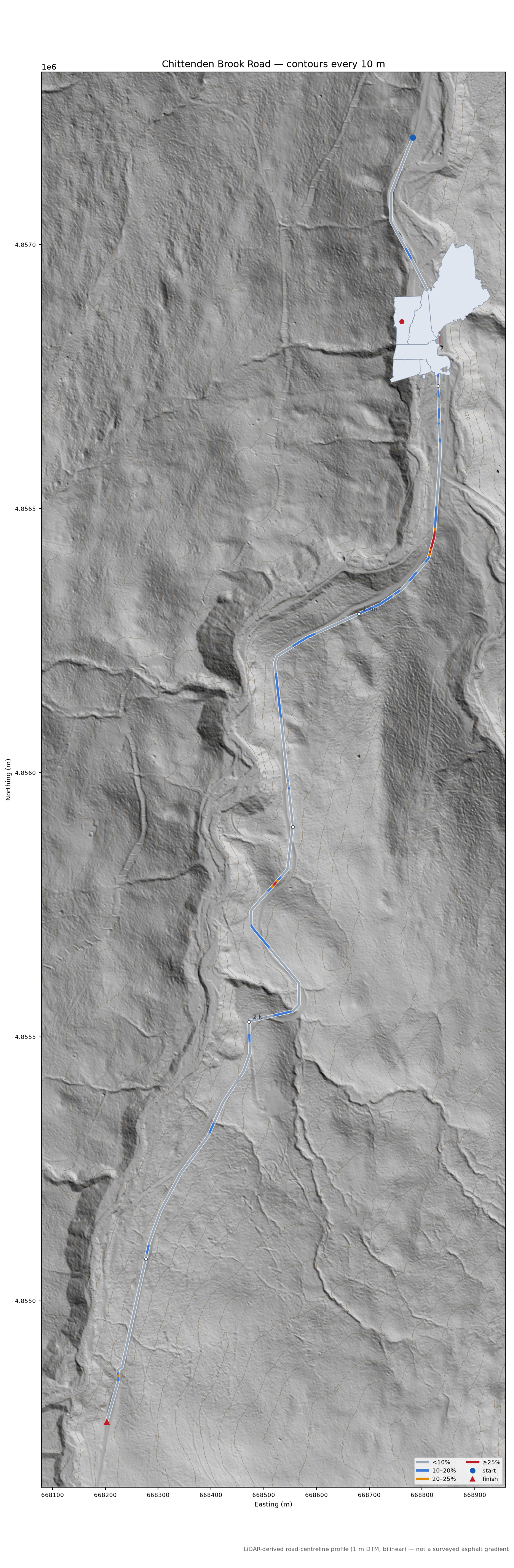 Chittenden Brook Road LiDAR hillshade map with contours