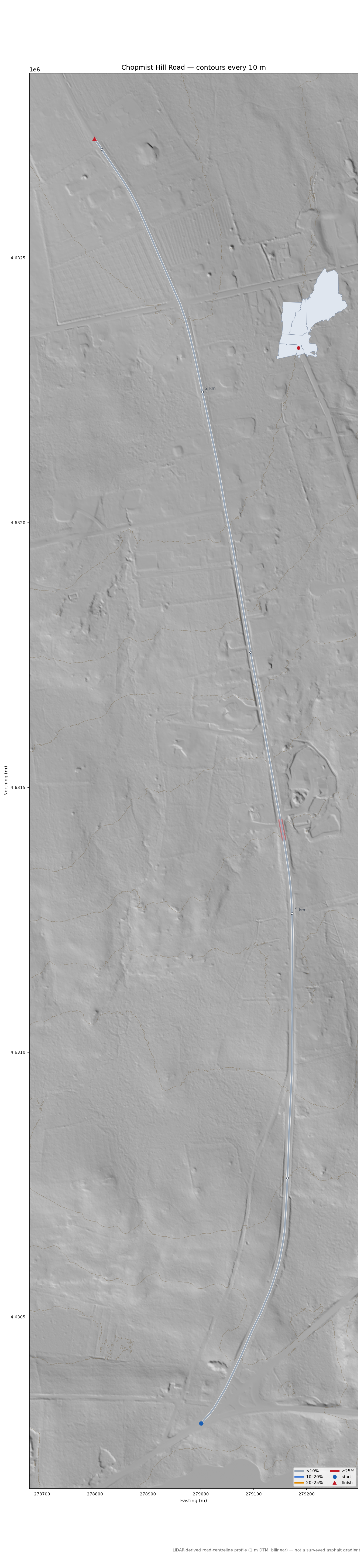 Chopmist Hill Road LiDAR hillshade map with contours