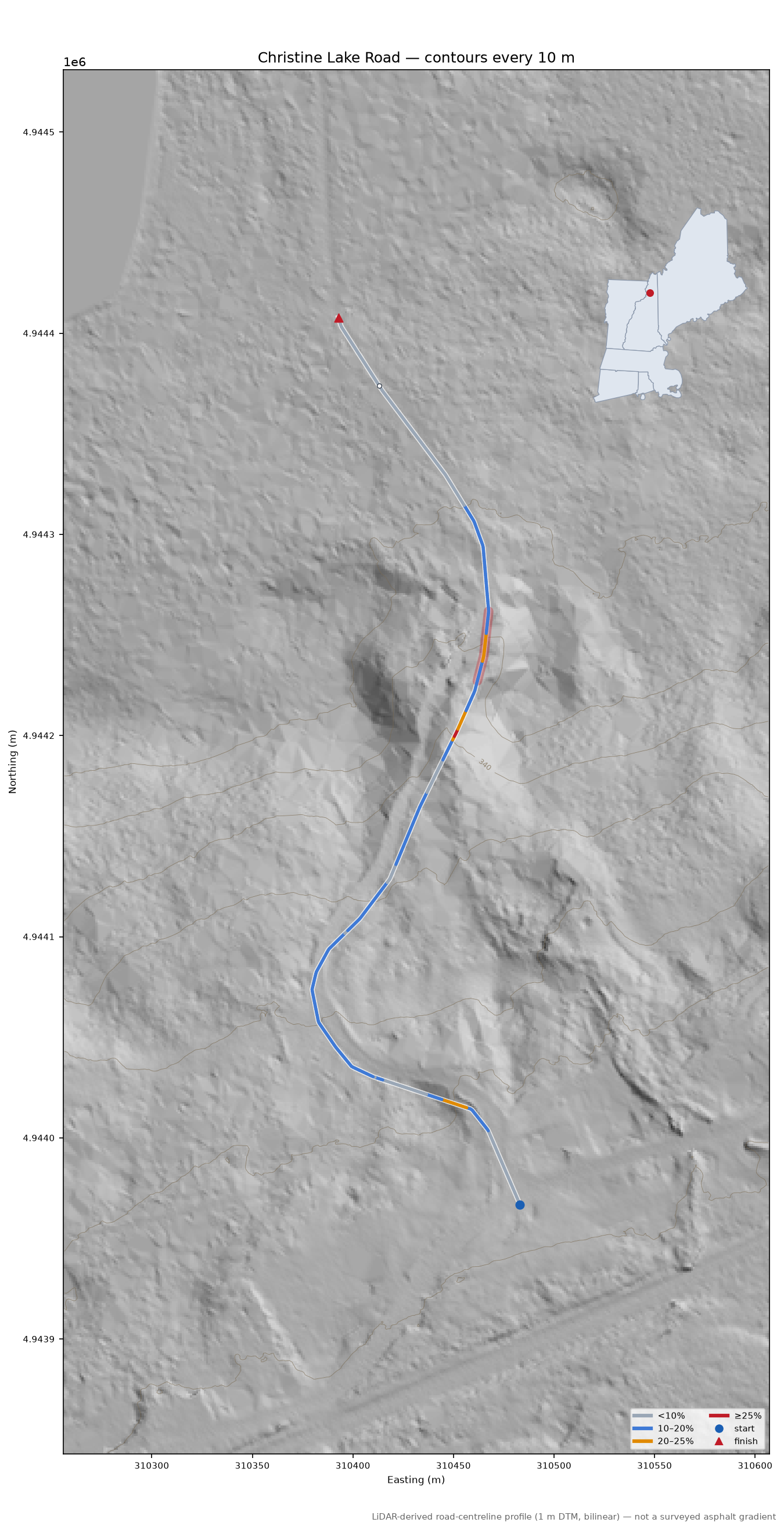 Christine Lake Road LiDAR hillshade map with contours