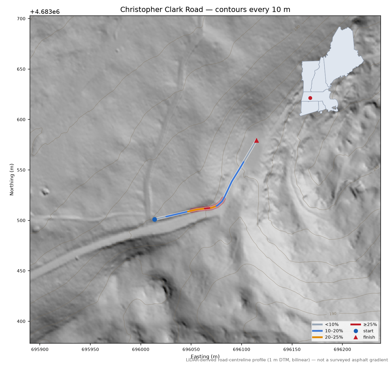 Christopher Clark Road LiDAR hillshade map with contours