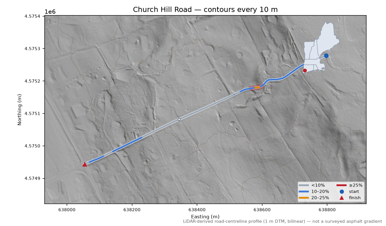 Church Hill Road LiDAR hillshade map with contours