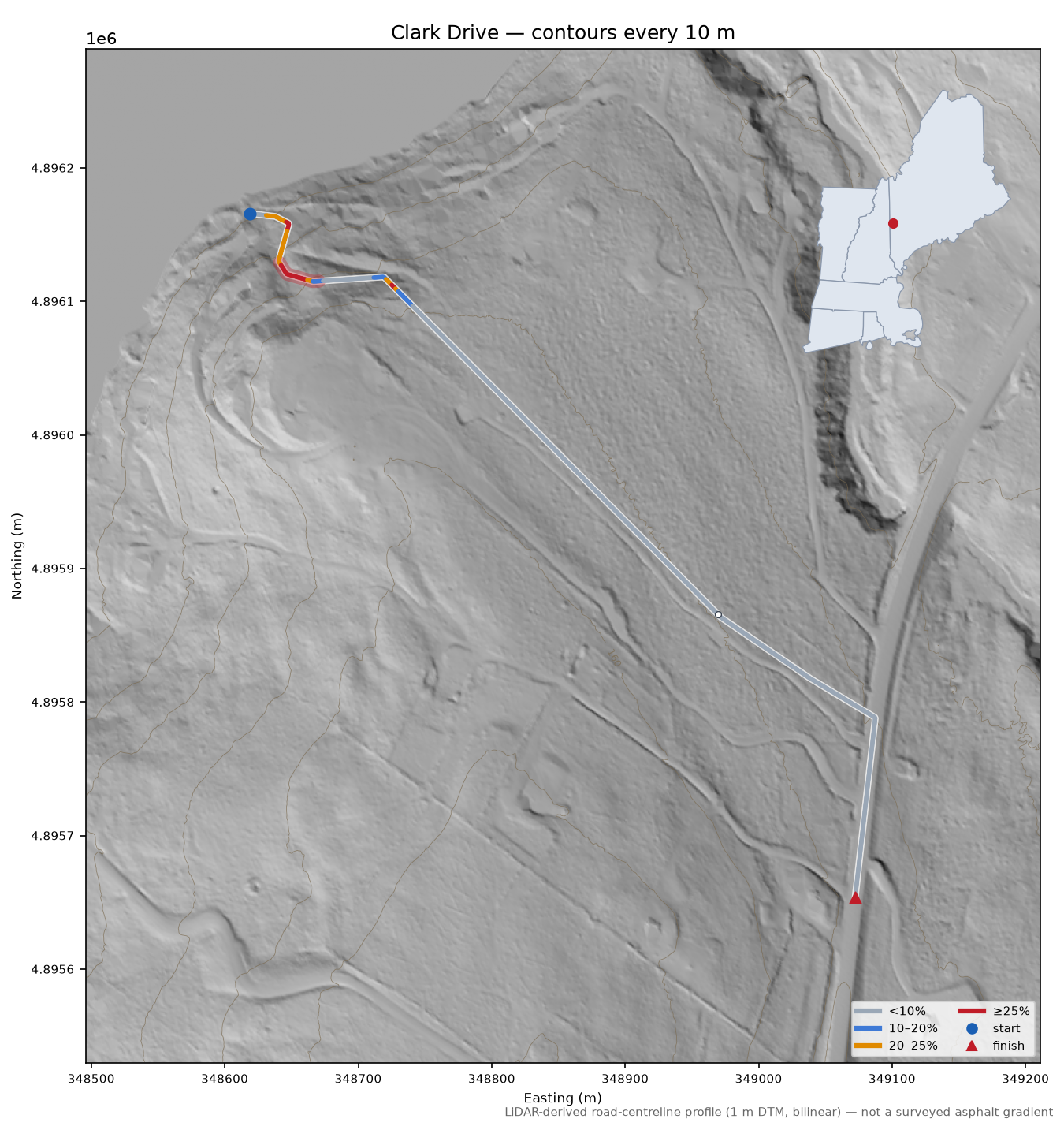 Clark Drive LiDAR hillshade map with contours