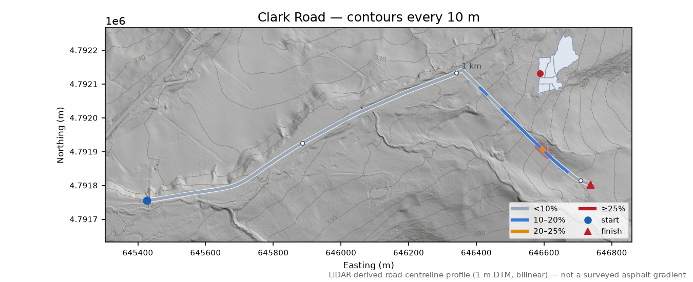 Clark Road LiDAR hillshade map with contours
