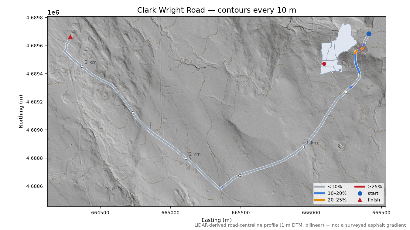 Clark Wright Road LiDAR hillshade map with contours
