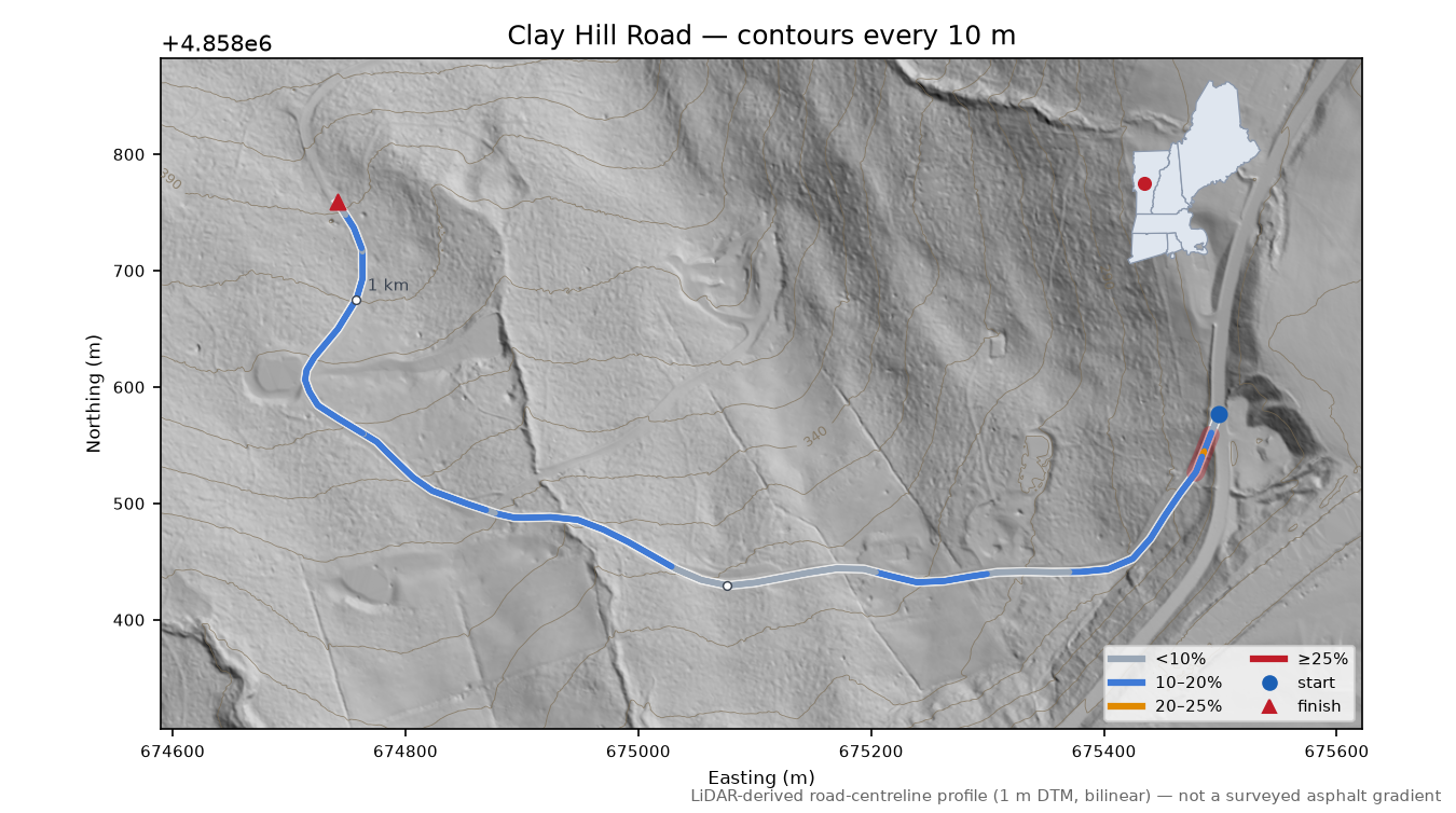 Clay Hill Road LiDAR hillshade map with contours