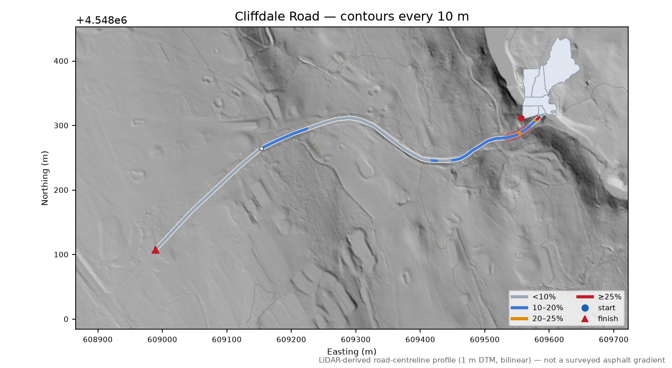 Cliffdale Road LiDAR hillshade map with contours