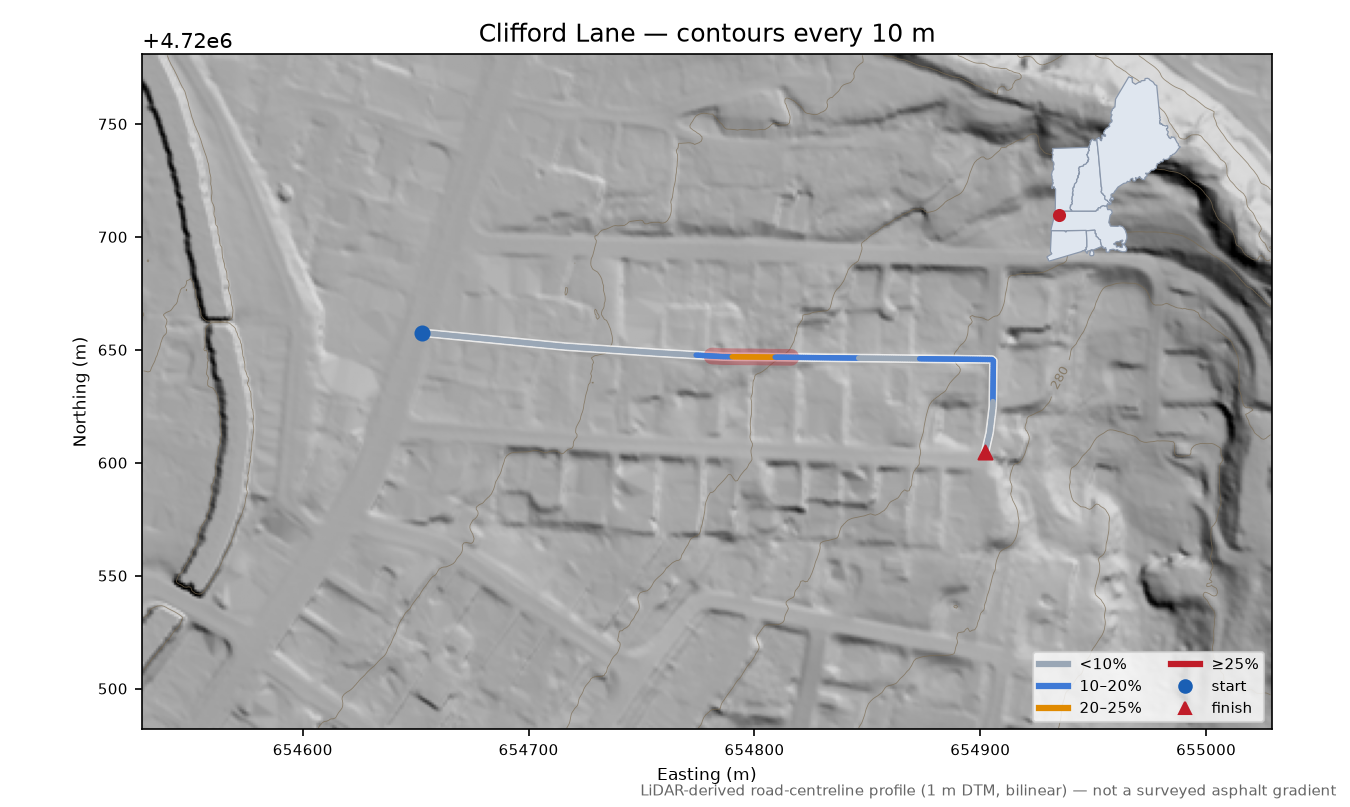 Clifford Lane LiDAR hillshade map with contours