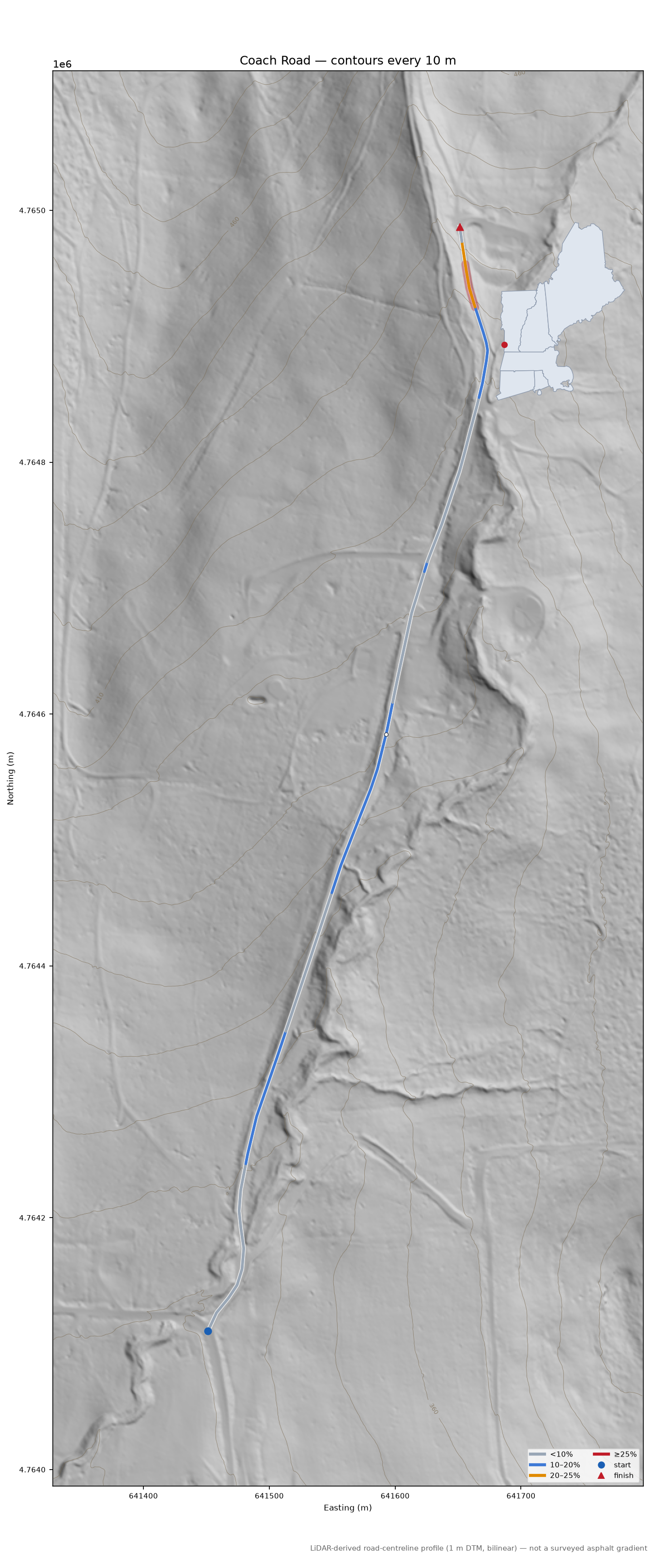 Coach Road LiDAR hillshade map with contours