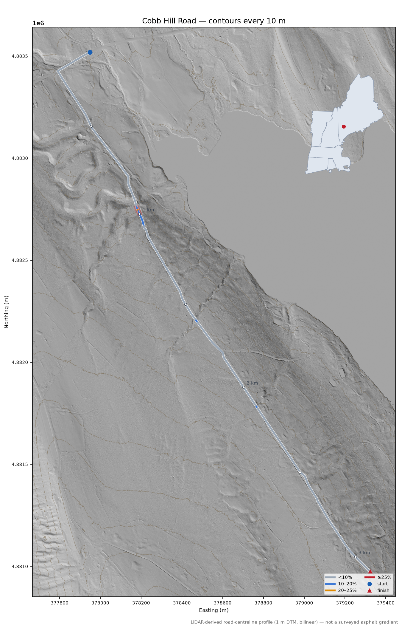 Cobb Hill Road LiDAR hillshade map with contours