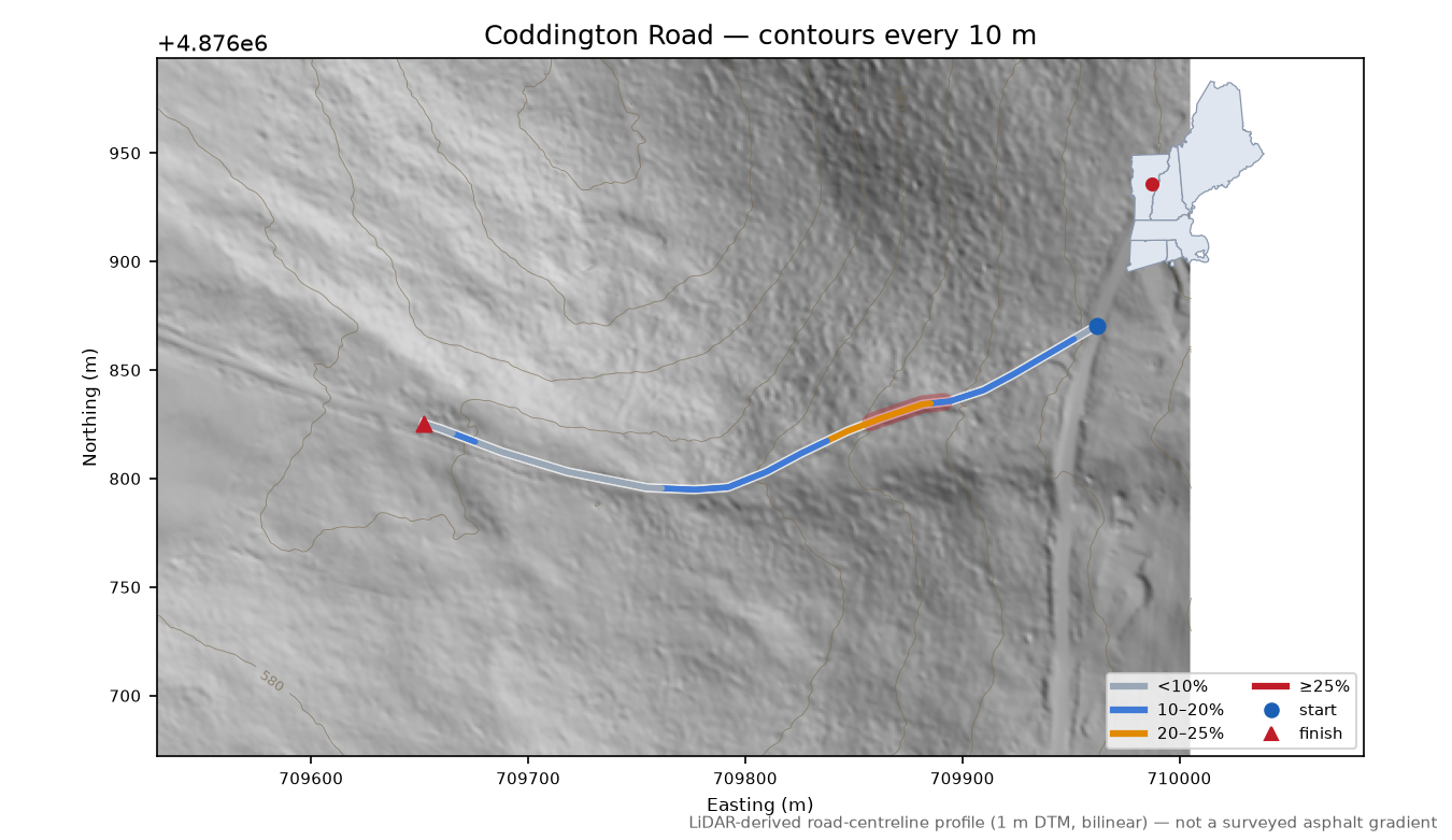 Coddington Road LiDAR hillshade map with contours