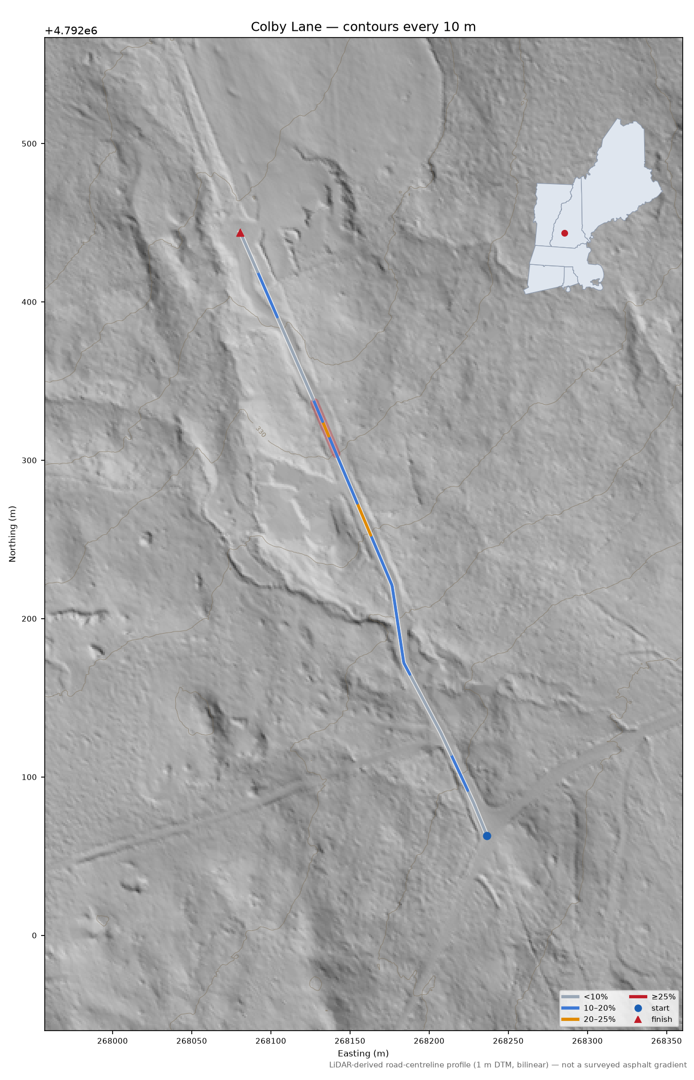 Colby Lane LiDAR hillshade map with contours
