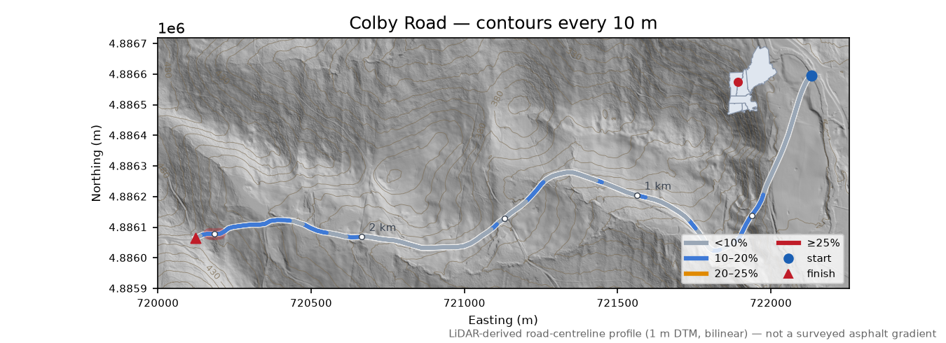 Colby Road LiDAR hillshade map with contours