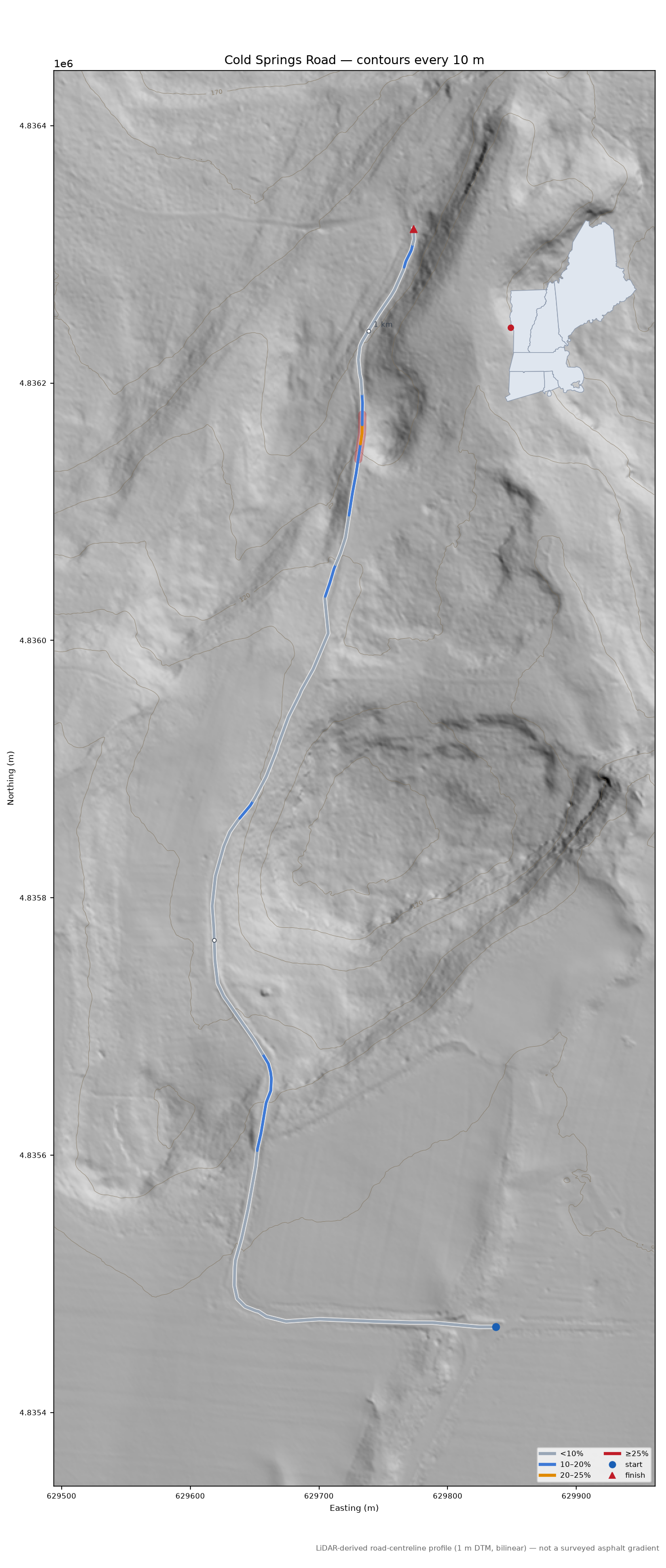 Cold Springs Road LiDAR hillshade map with contours