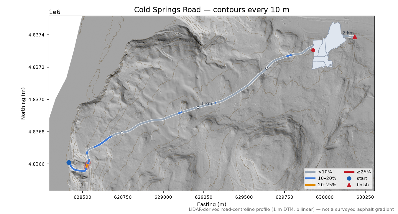 Cold Springs Road LiDAR hillshade map with contours