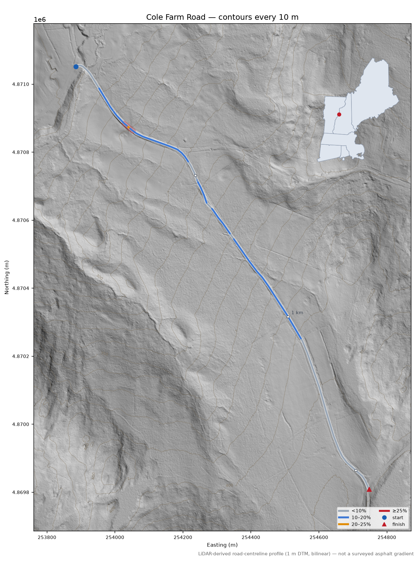 Cole Farm Road LiDAR hillshade map with contours