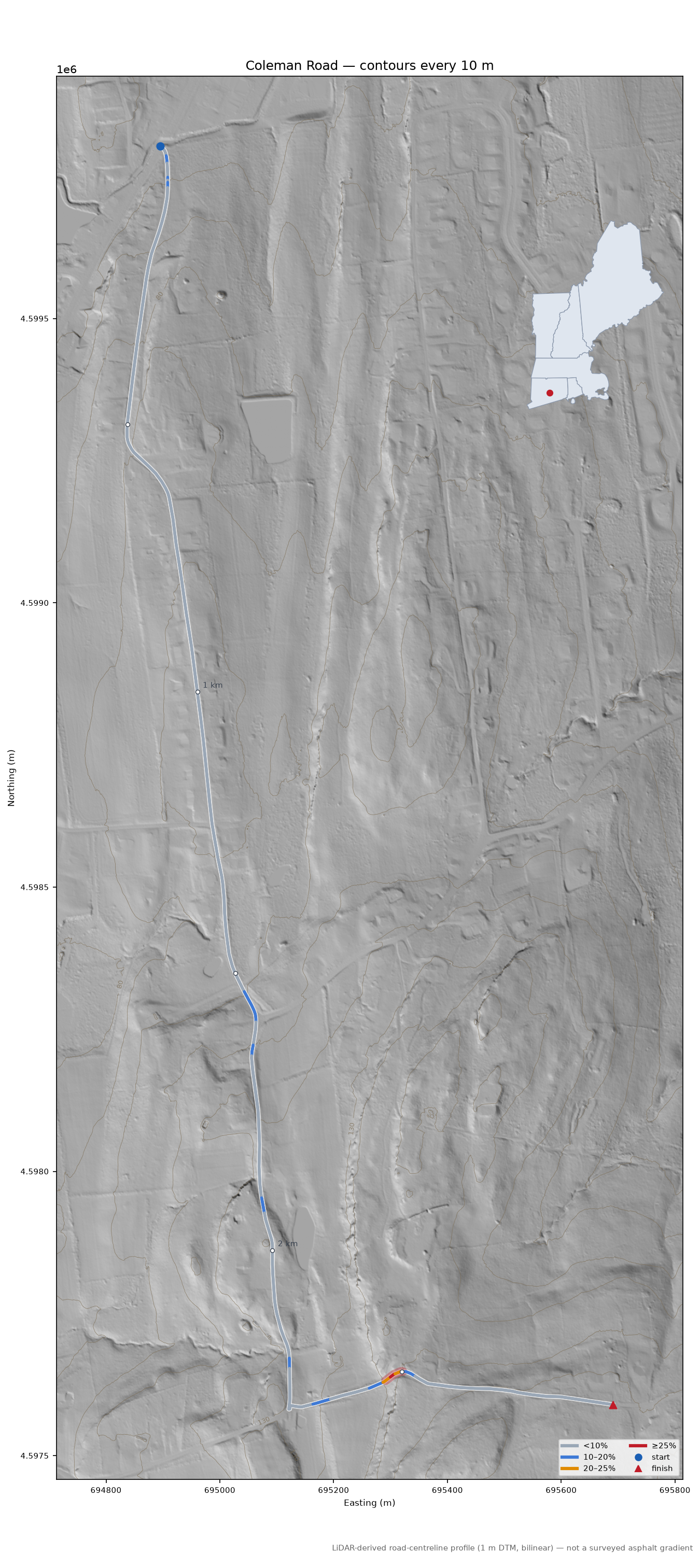 Coleman Road LiDAR hillshade map with contours