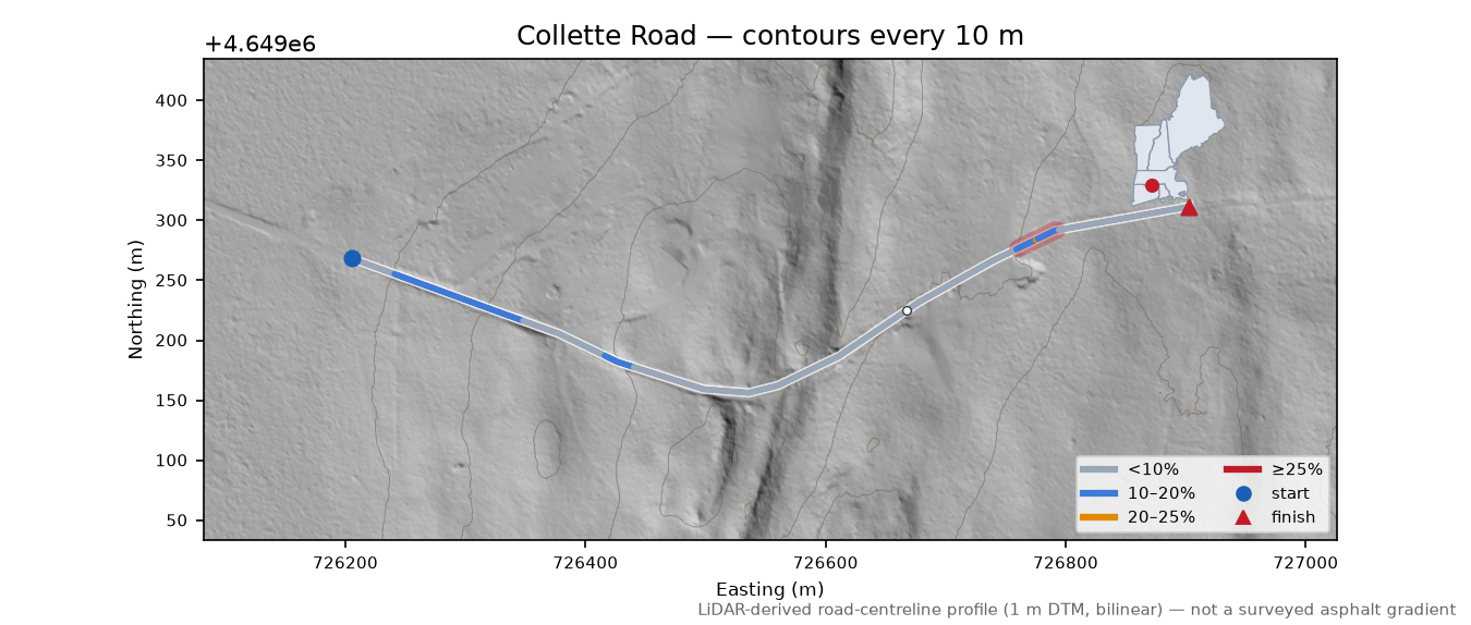 Collette Road LiDAR hillshade map with contours