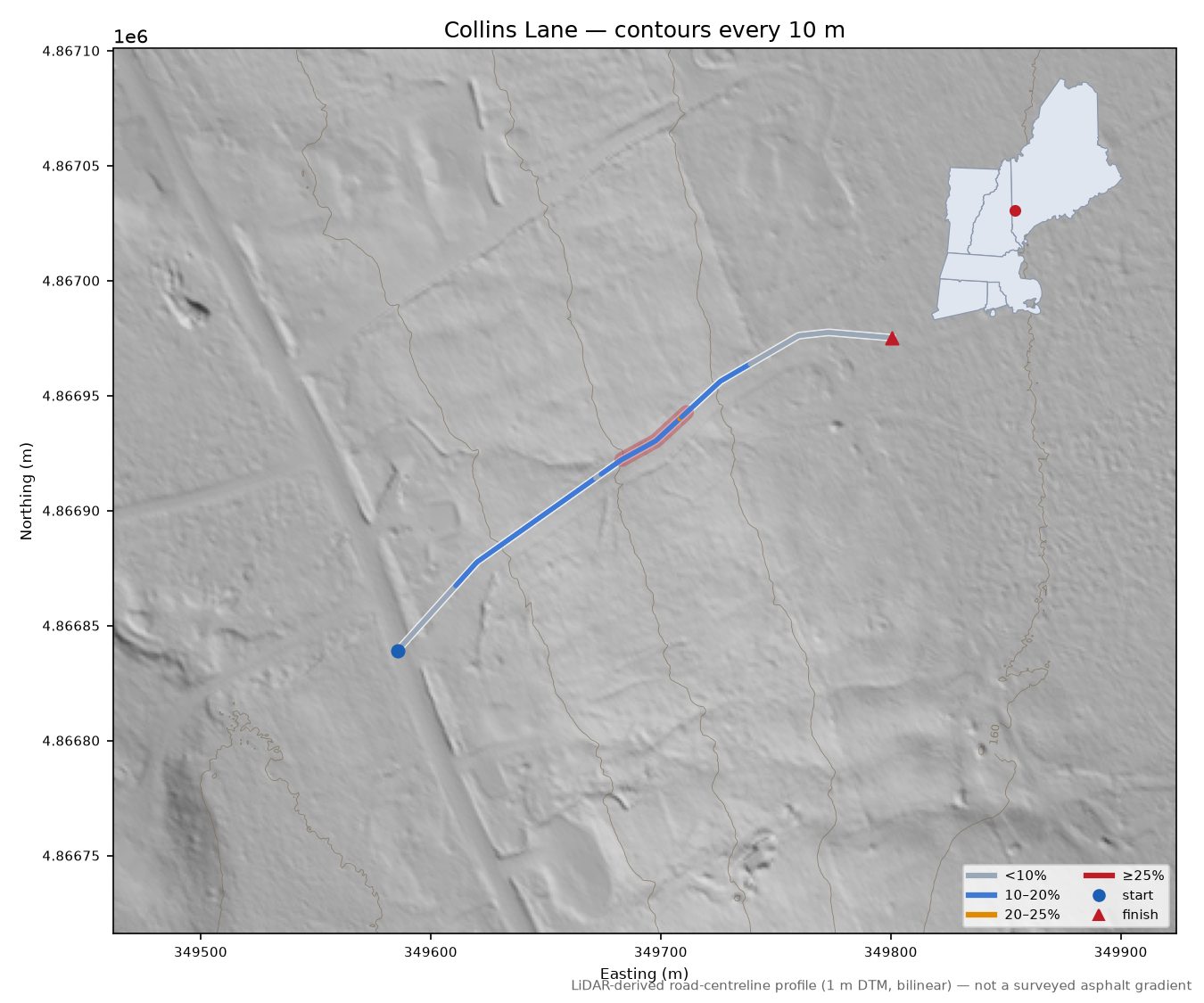 Collins Lane LiDAR hillshade map with contours