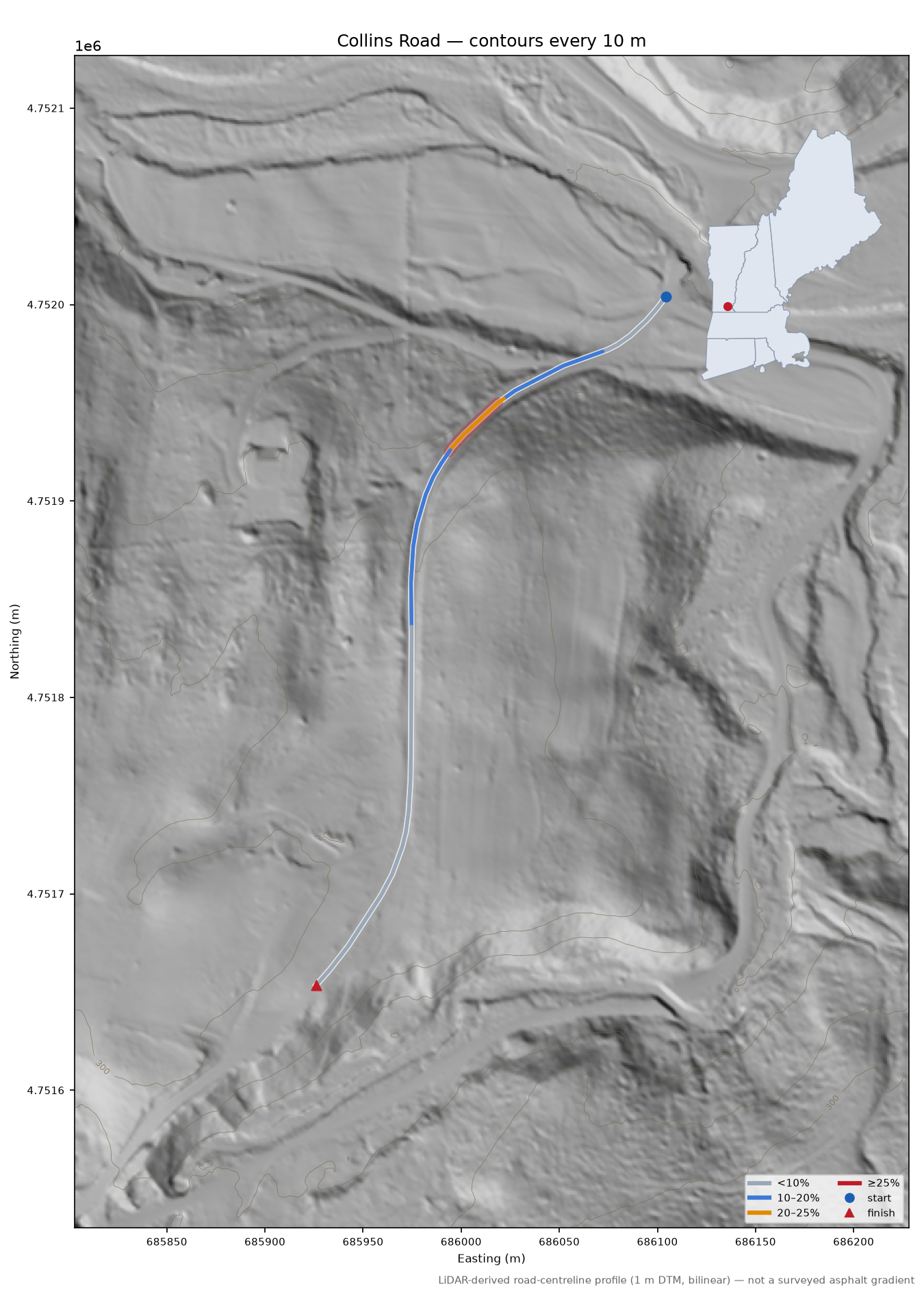 Collins Road LiDAR hillshade map with contours
