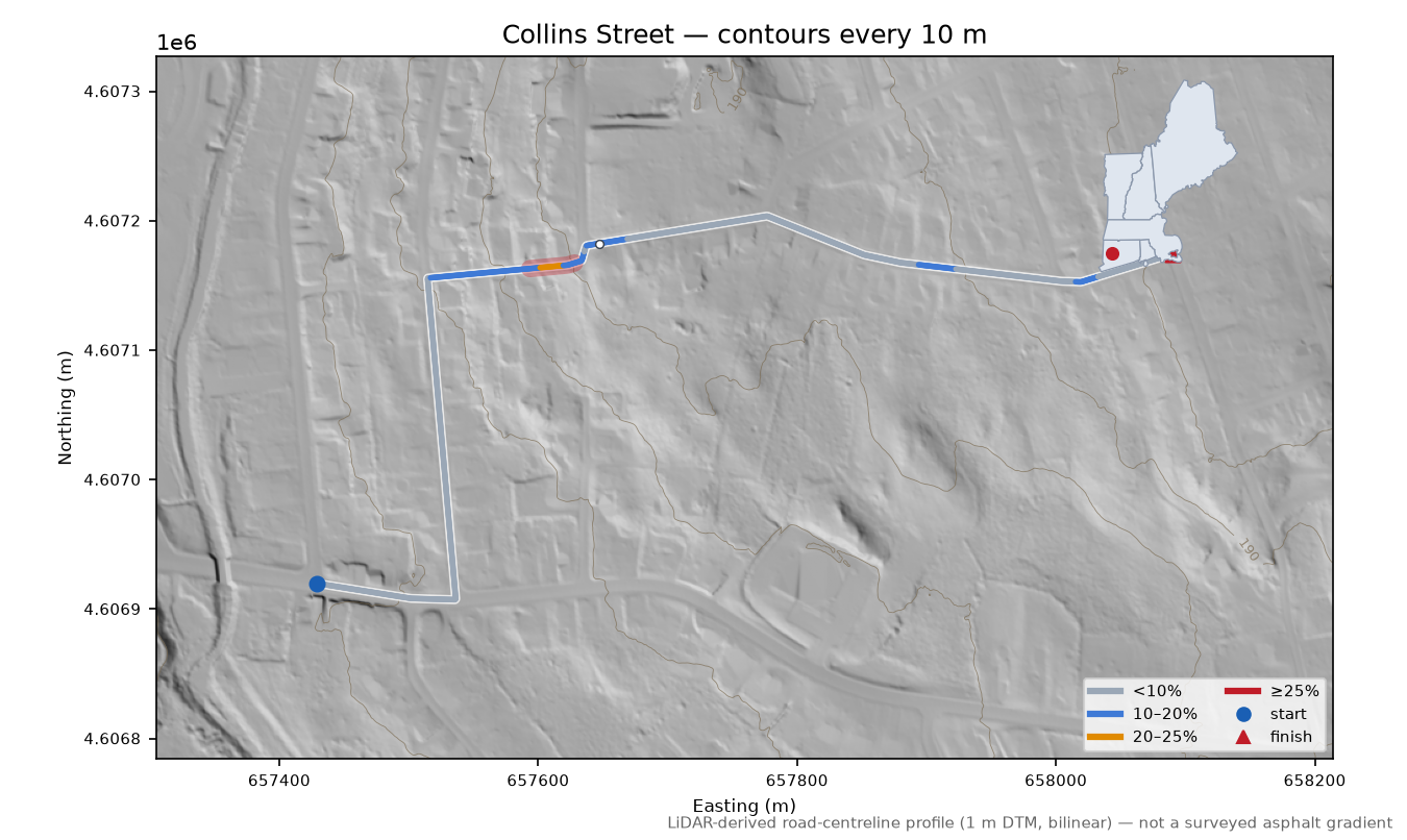 Collins Street LiDAR hillshade map with contours