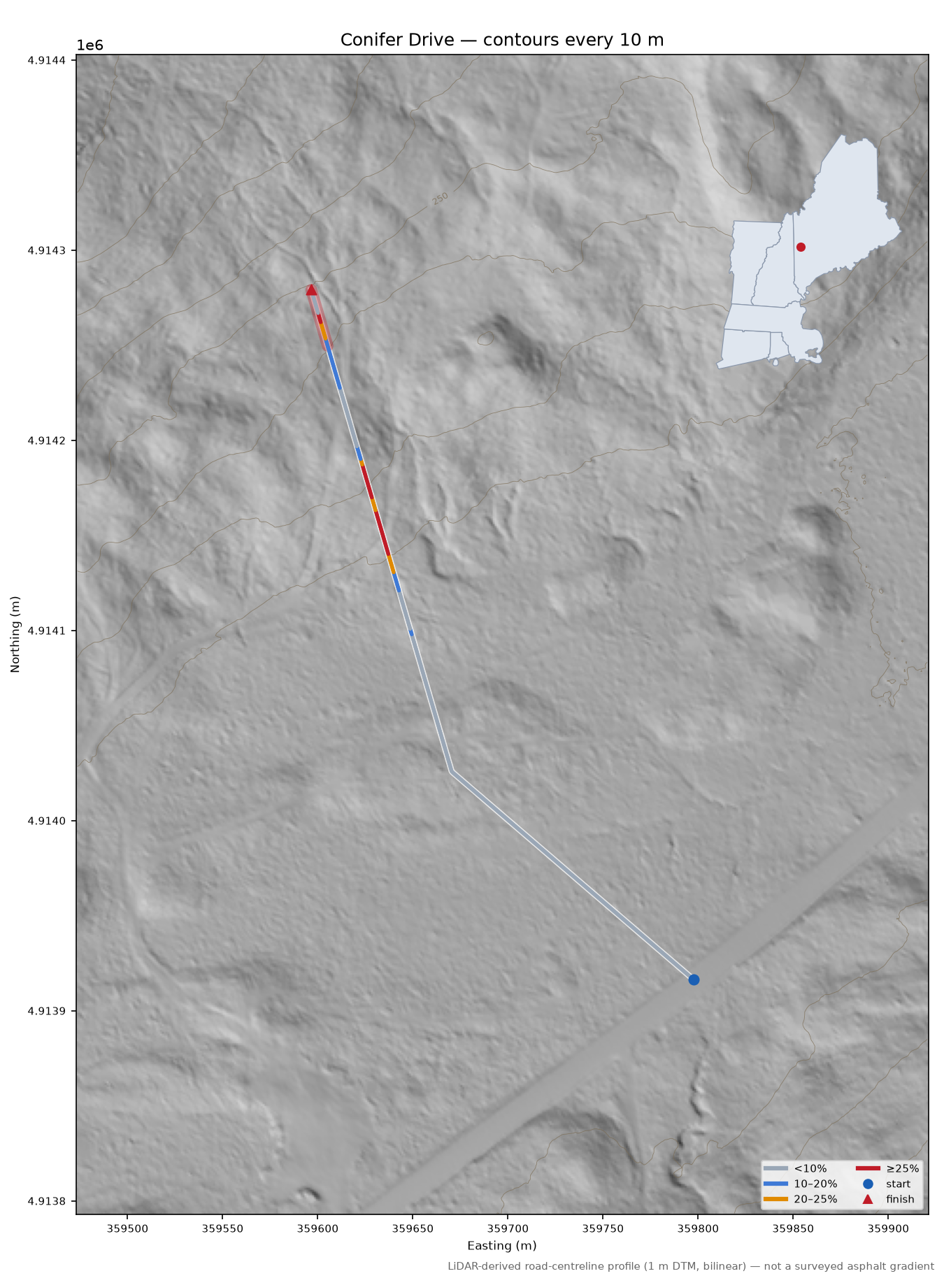 Conifer Drive LiDAR hillshade map with contours
