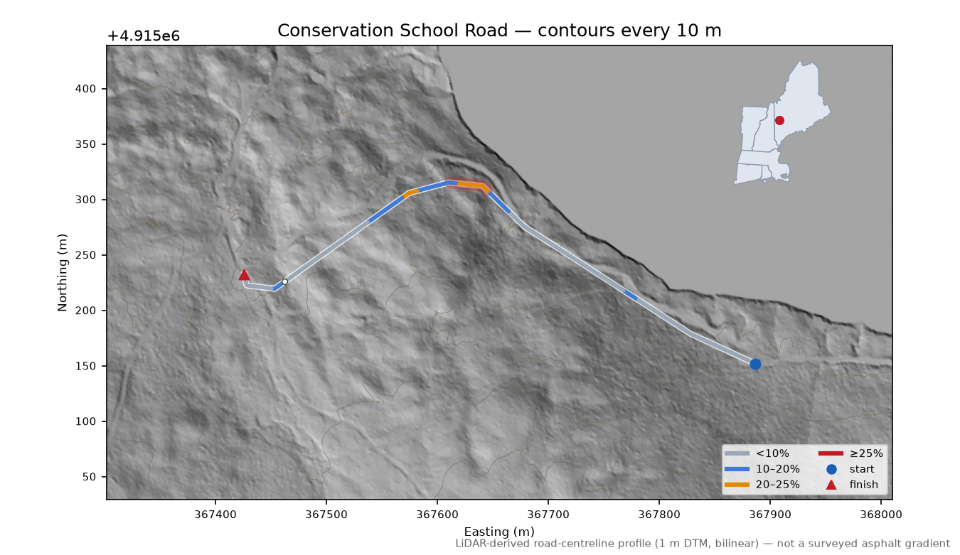 Conservation School Road LiDAR hillshade map with contours