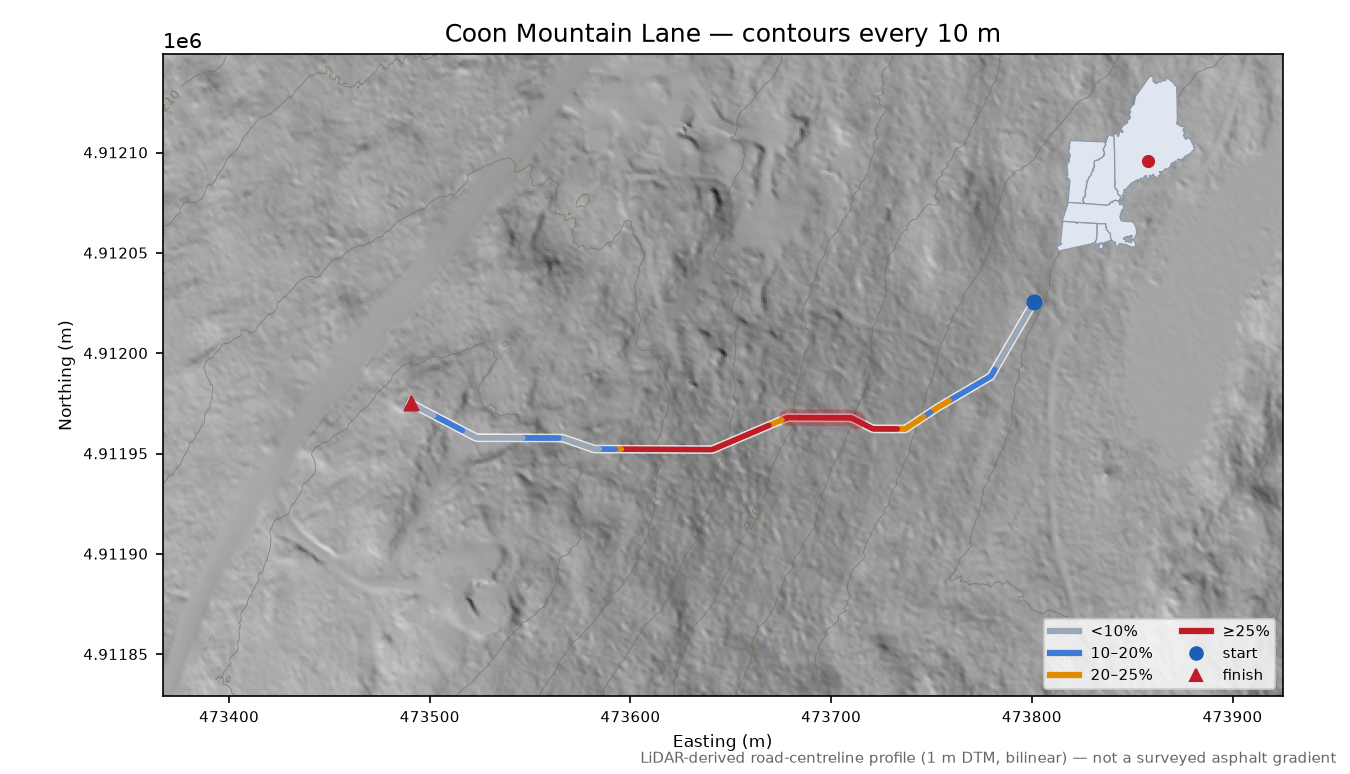 Coon Mountain Lane LiDAR hillshade map with contours