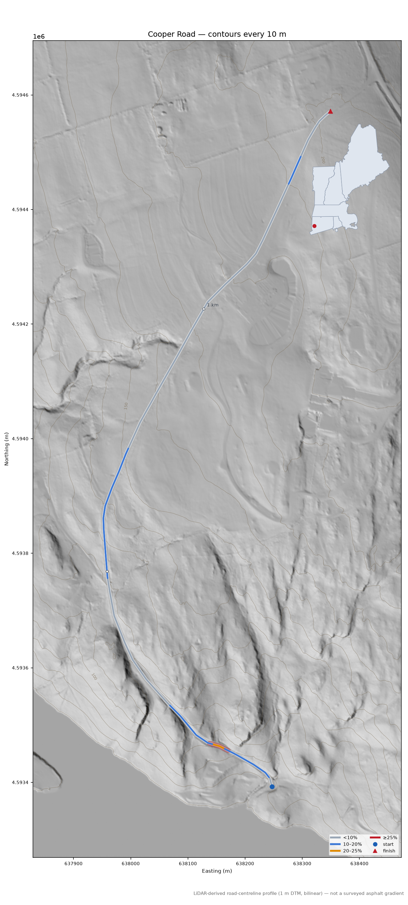 Cooper Road LiDAR hillshade map with contours