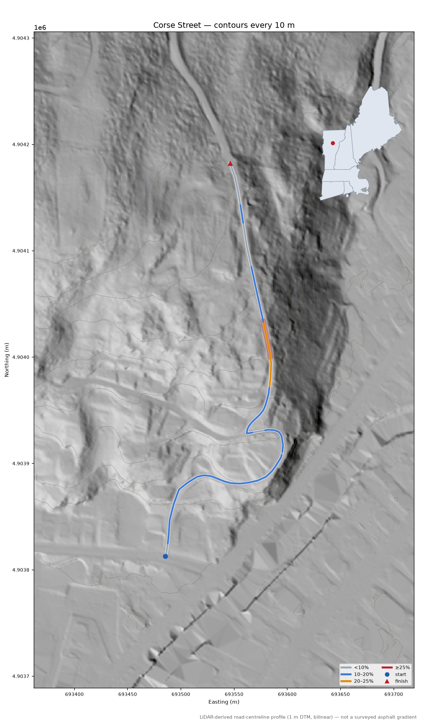 Corse Street LiDAR hillshade map with contours